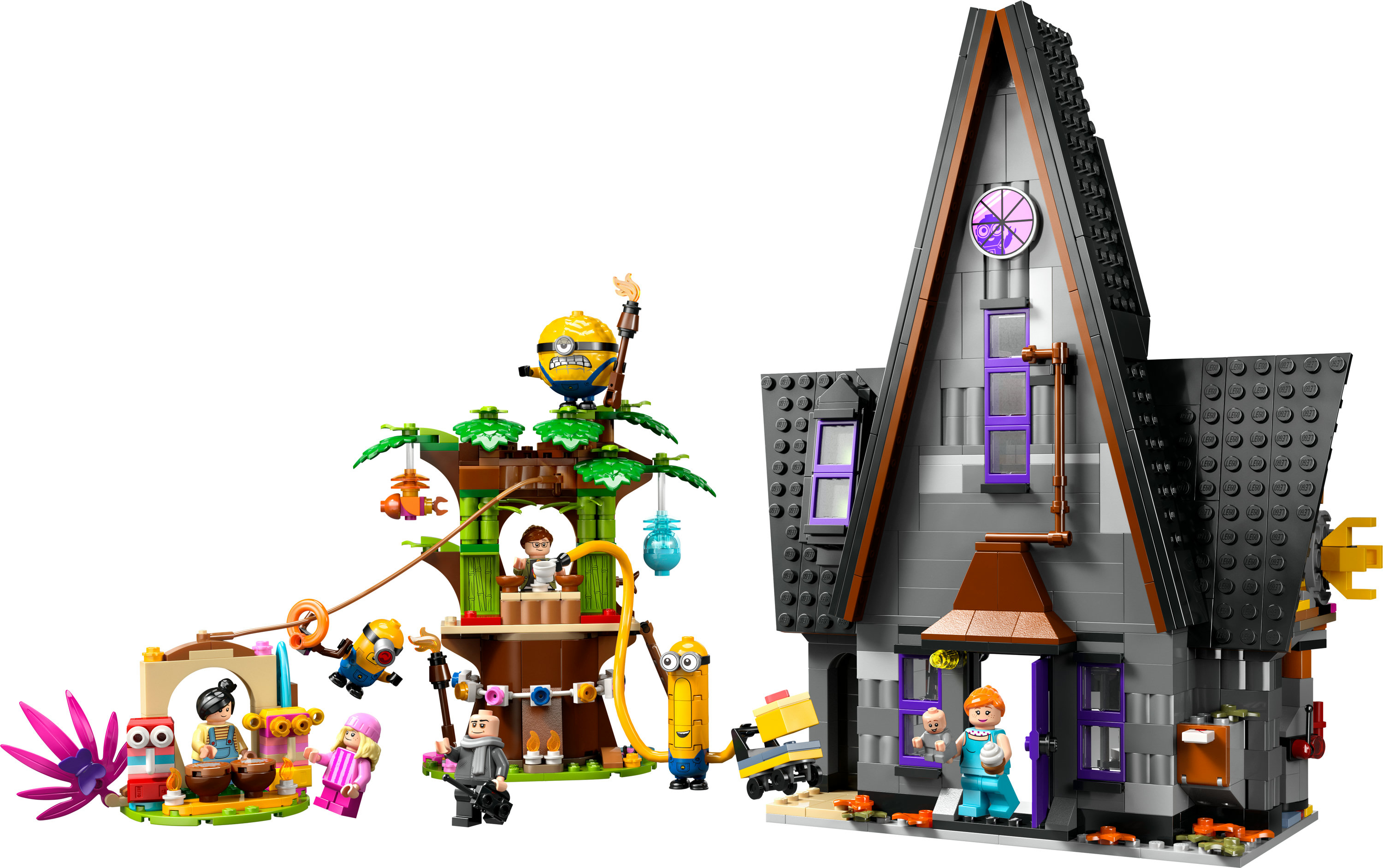 Ensemble LEGO avec les Minions et une maison hantée. Coloré avec diverses figurines et accessoires.