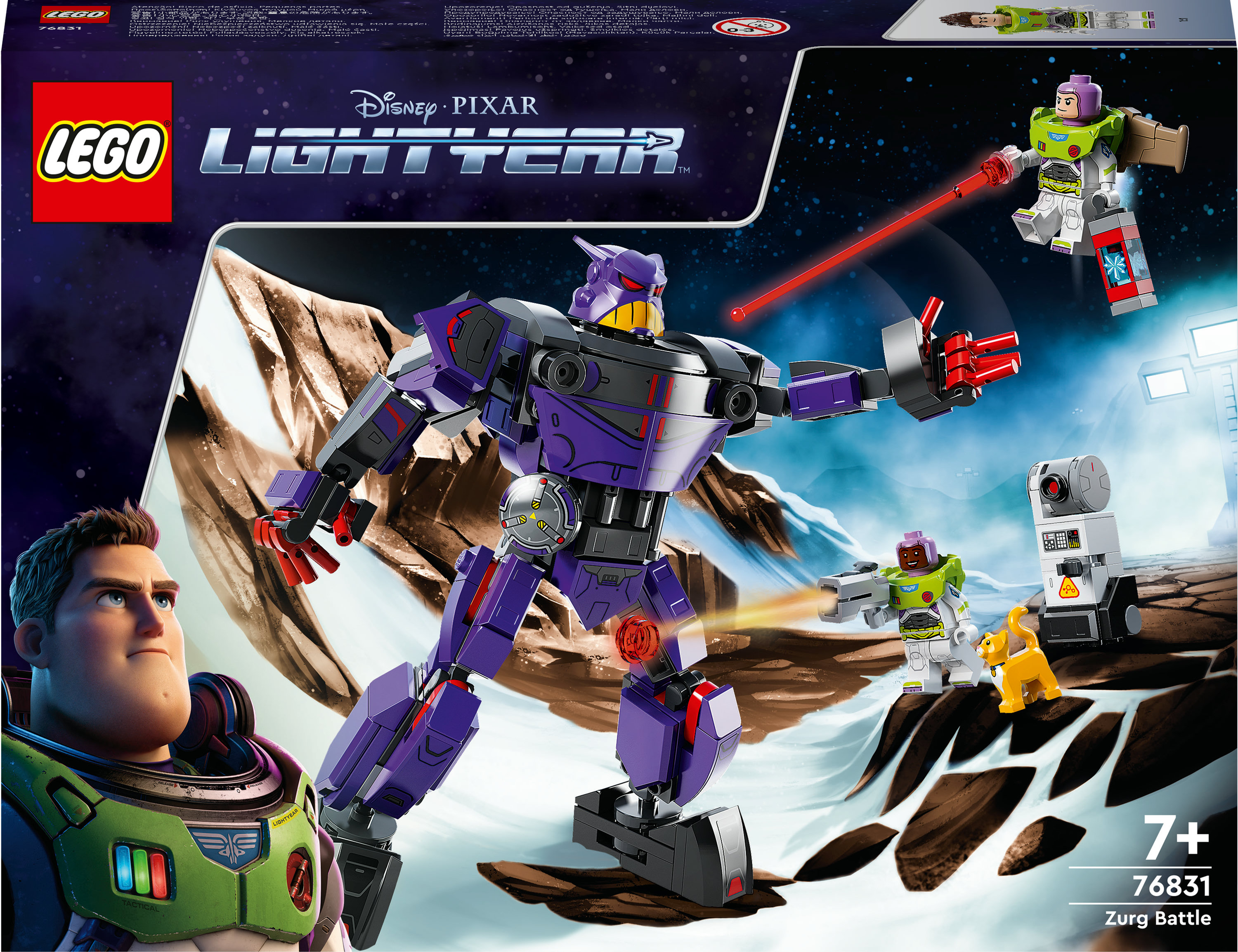 Eine Lego Lightyear Zurg Battle Set-Box mit Lego-Figuren und einem Roboter.