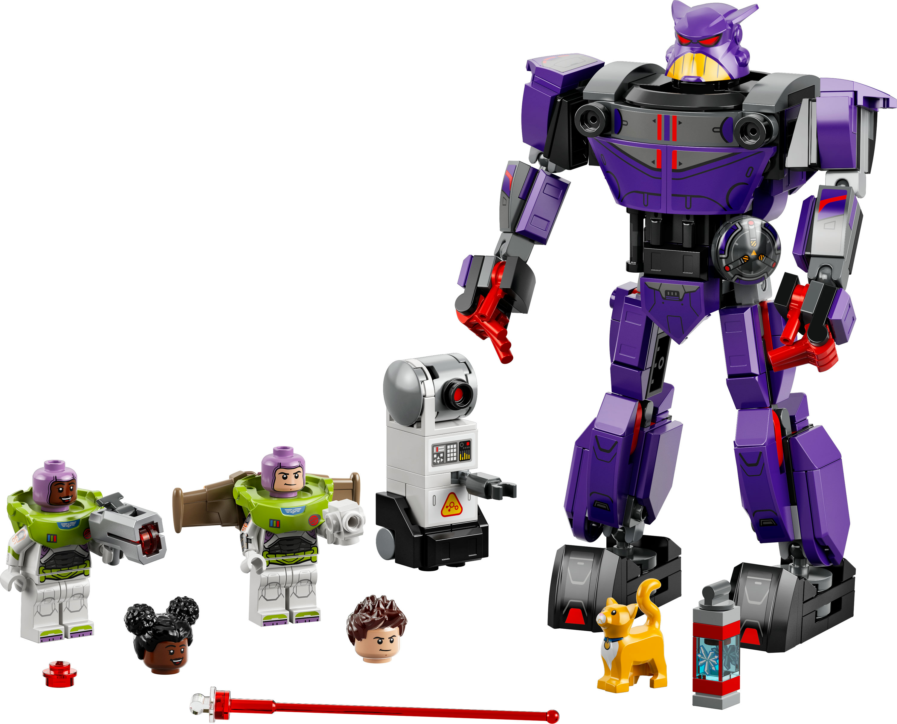 Lego-Set mit einem großen lila Roboter, Buzz Lightyear-Minifiguren und verschiedenen Accessoires. Weißer Hintergrund.
