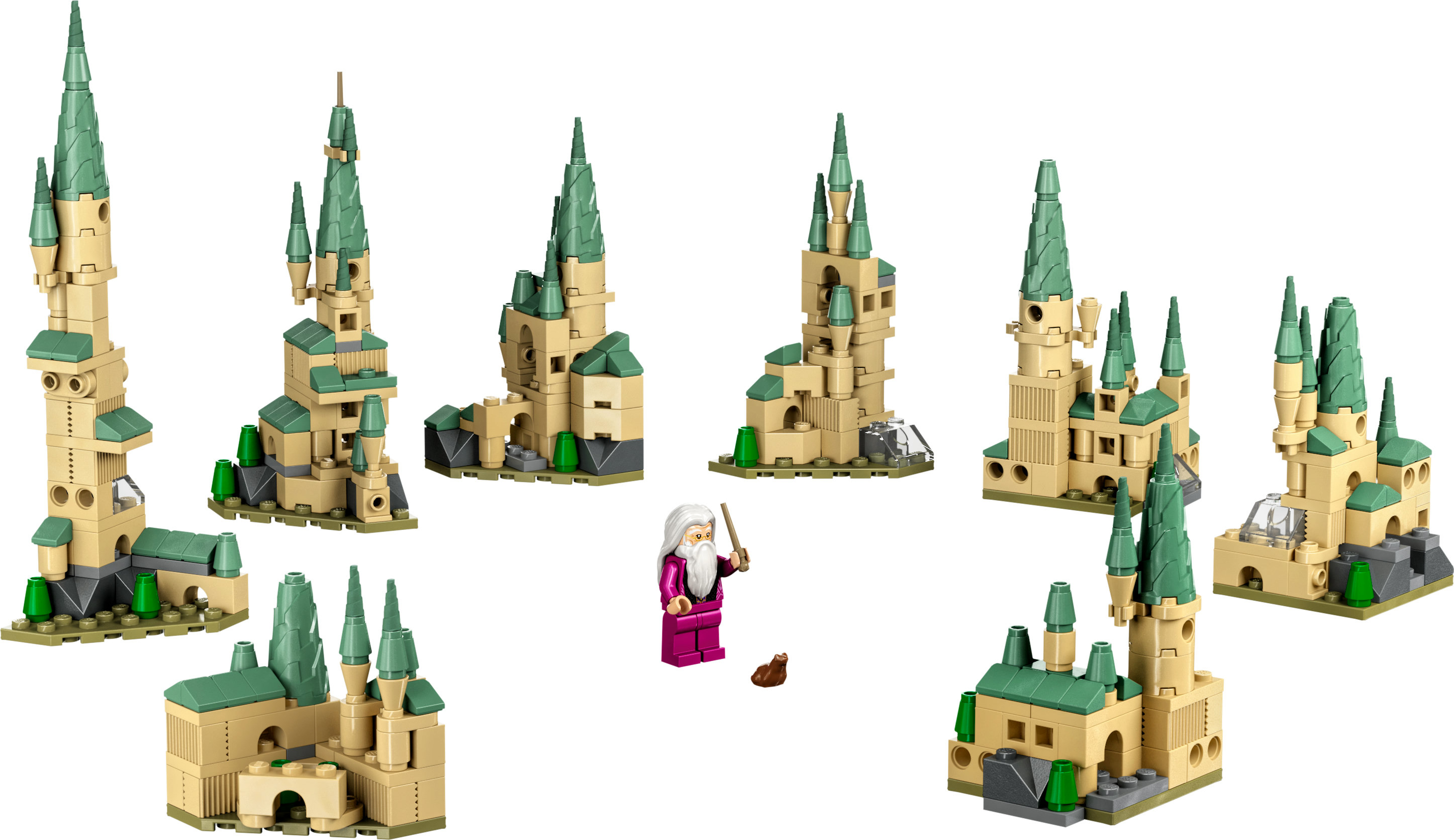 Lego Harry Potter Hogwarts Schloss Sets auf weißem Hintergrund, mit Zauberer.