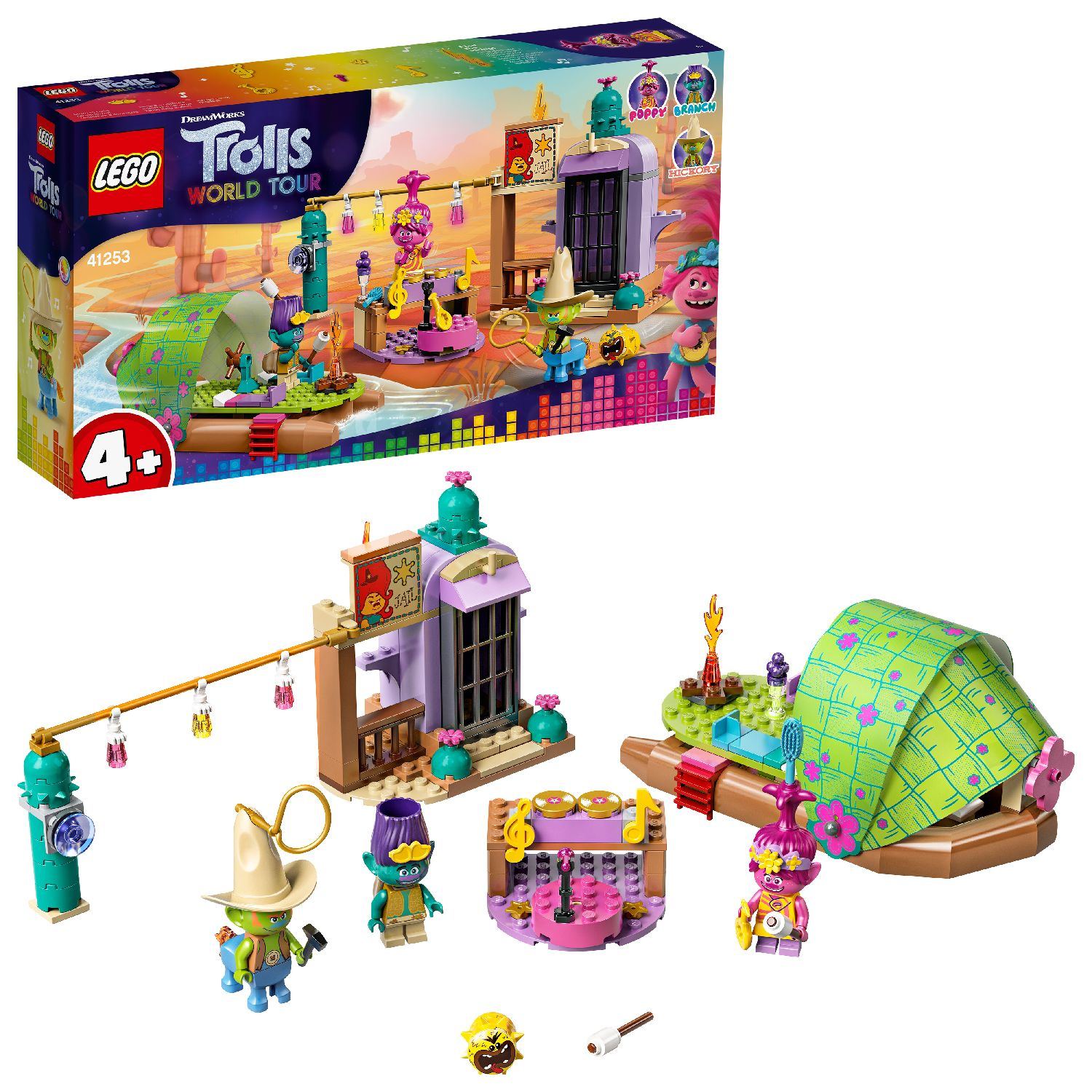 Set Lego Trolls World Tour. Include scatola, personaggi e un palco. Sfondo bianco.