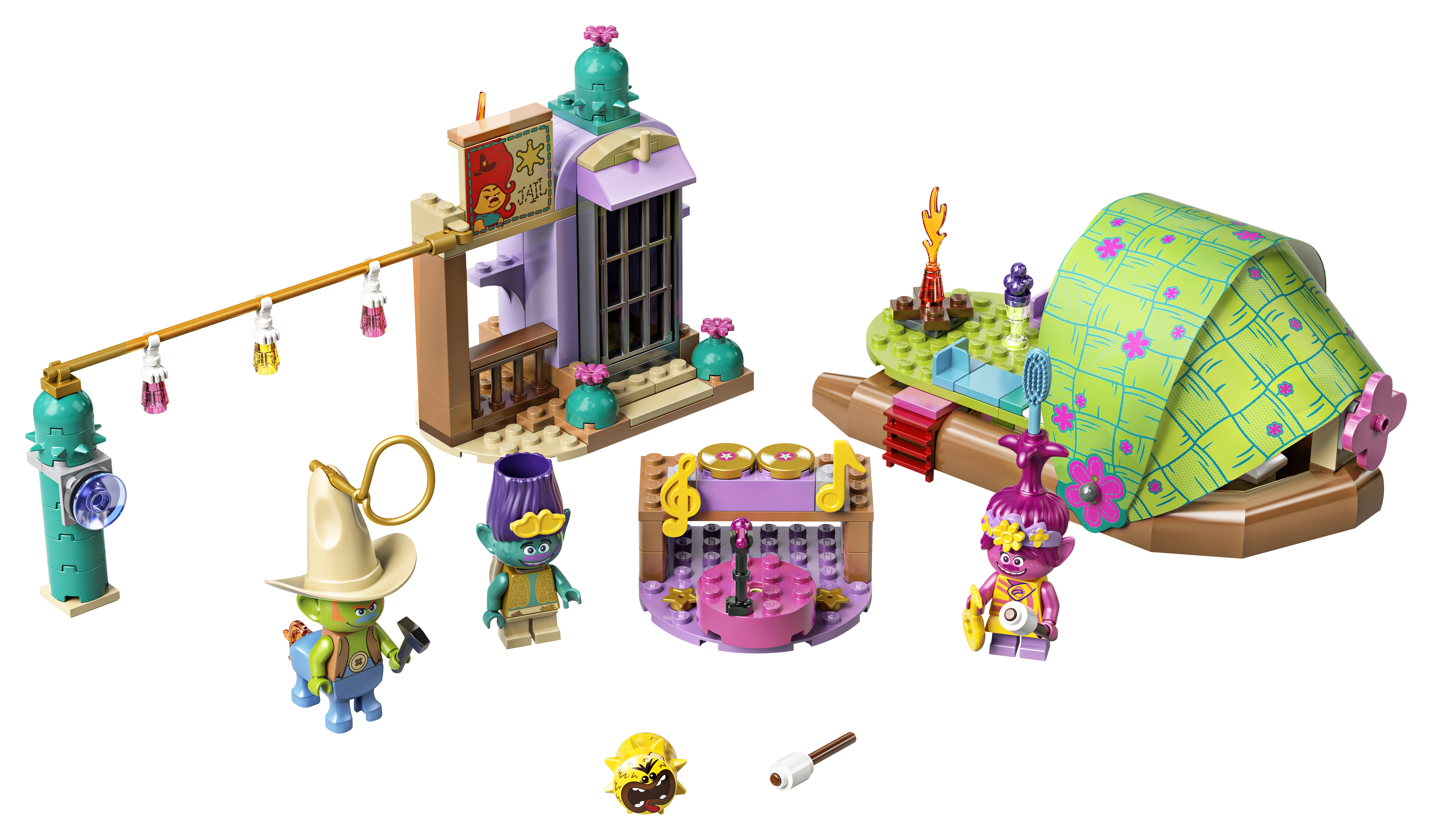 Un set Lego Trolls con varie figure colorate e componenti di costruzione.