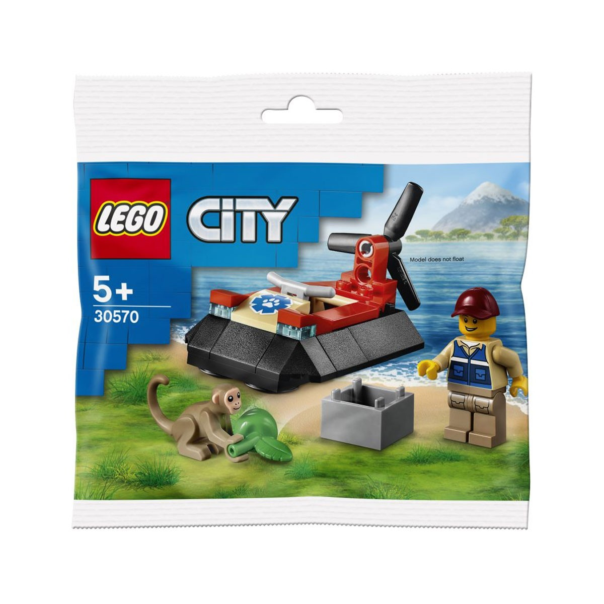 Bir hovercraft, bir maymun, bir kaplumbağa ve bir minifigür ile Lego City seti.