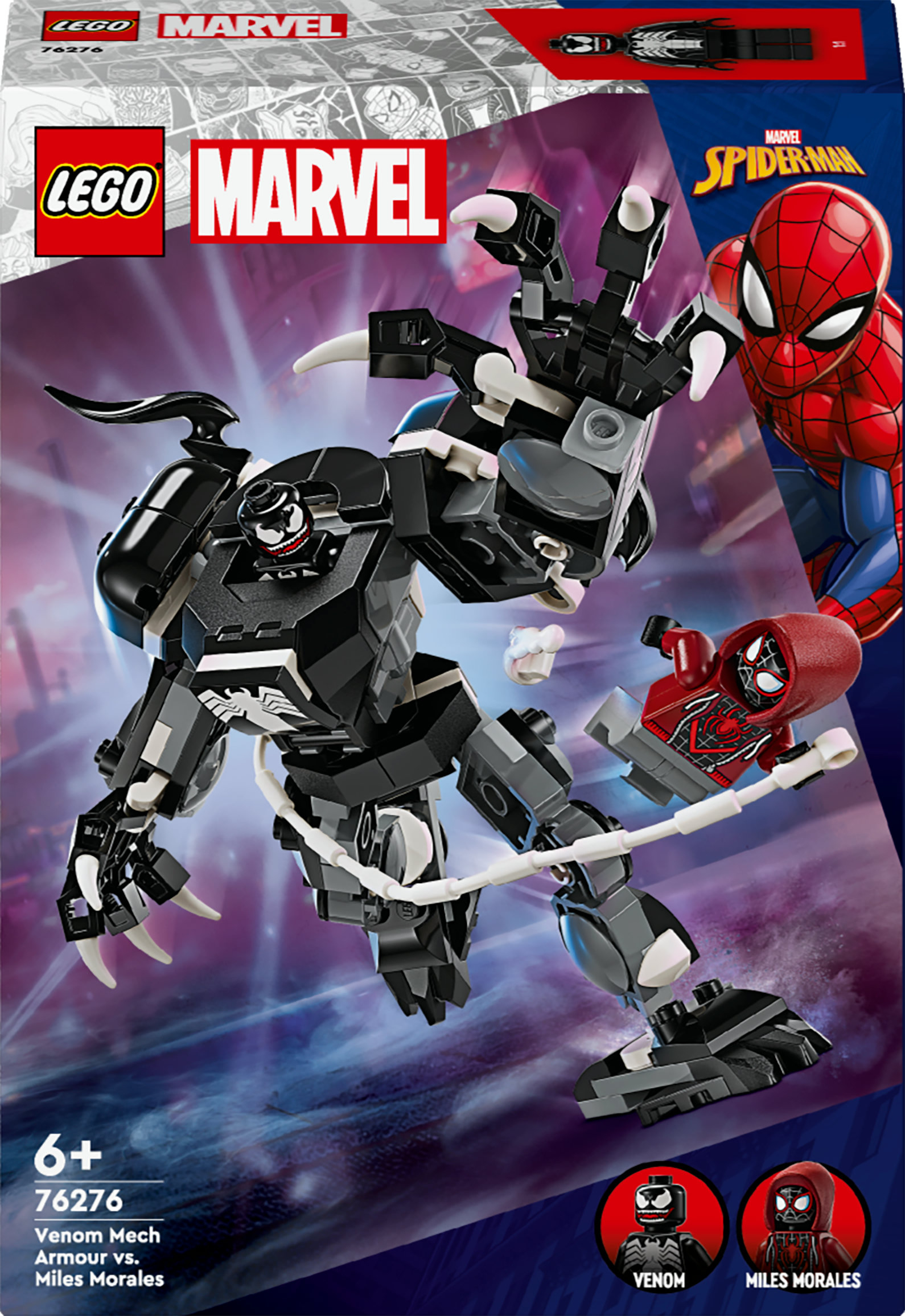 Lego Marvel Set Box. Venom Mech Armor vs. Miles Morales. Es zeigt einen Venom Mech und eine Miles Morales Figur.