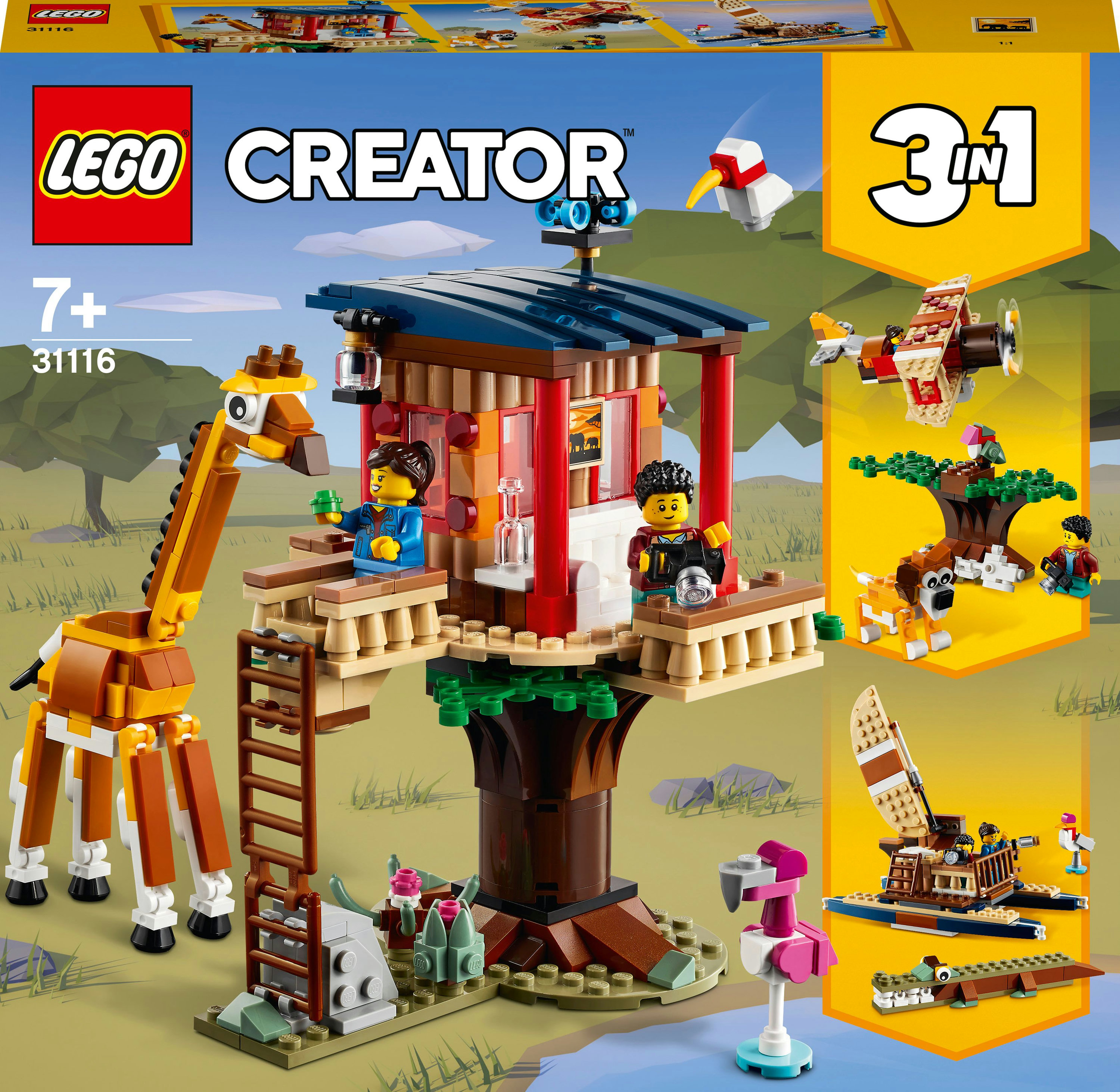 Scatola del set Lego Creator con giraffa, casa sull'albero, fenicottero e altri modelli.