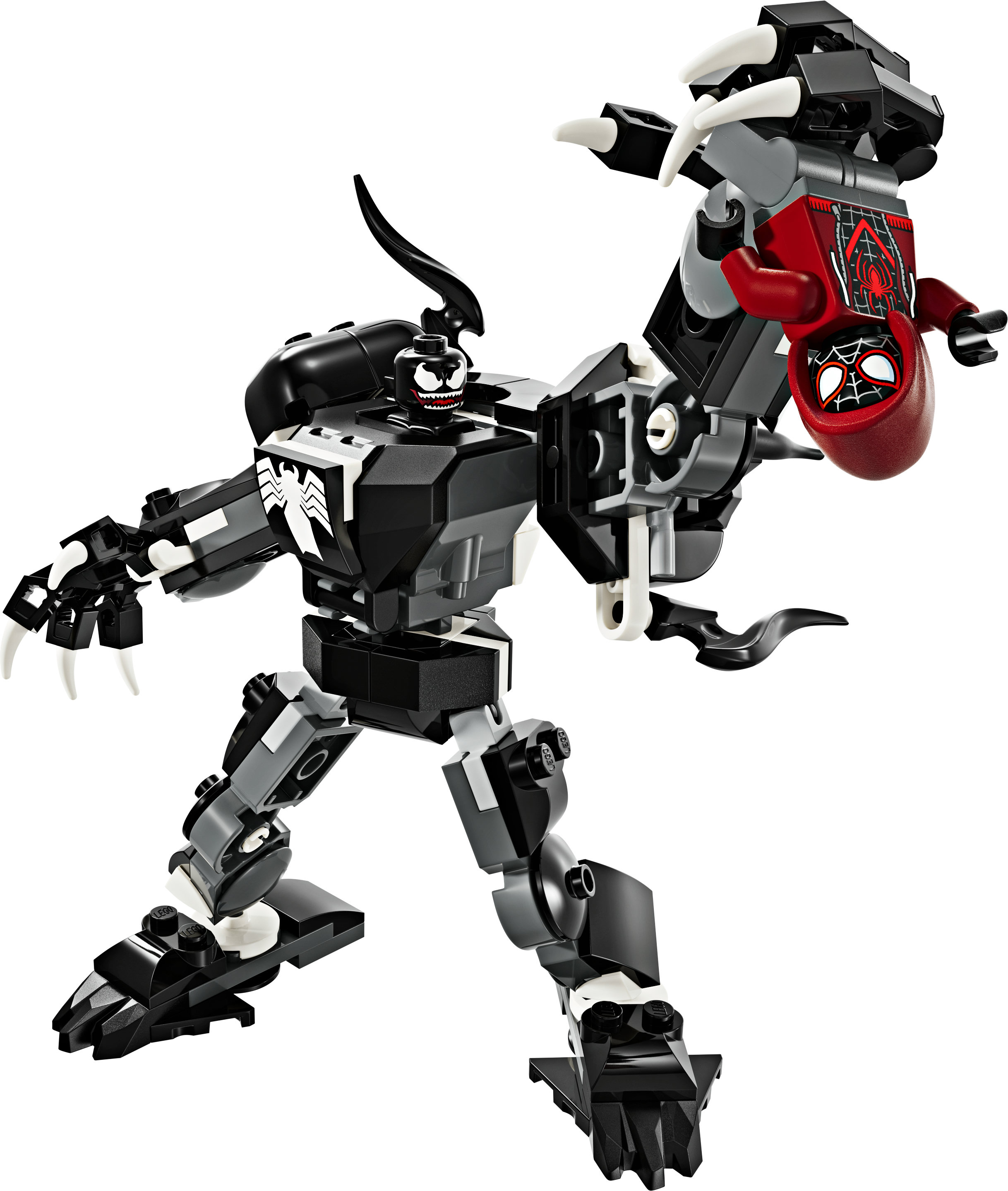 Venom LEGO-Figur kämpft gegen Spider-Man. Schwarzer und grauer Roboter-ähnlicher Venom hält Spider-Man.