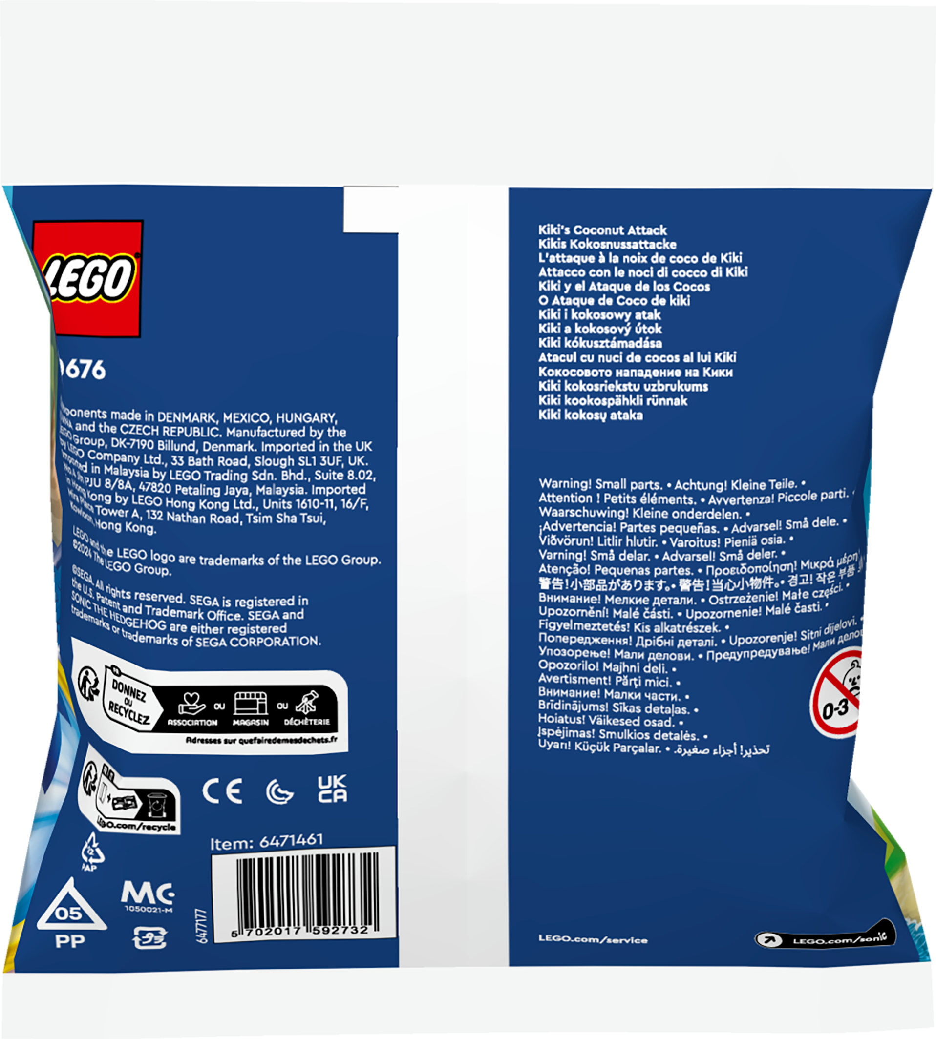 Lego-Beutel mit Text in mehreren Sprachen. Warnhinweise sind mit Lego-Logo sichtbar.