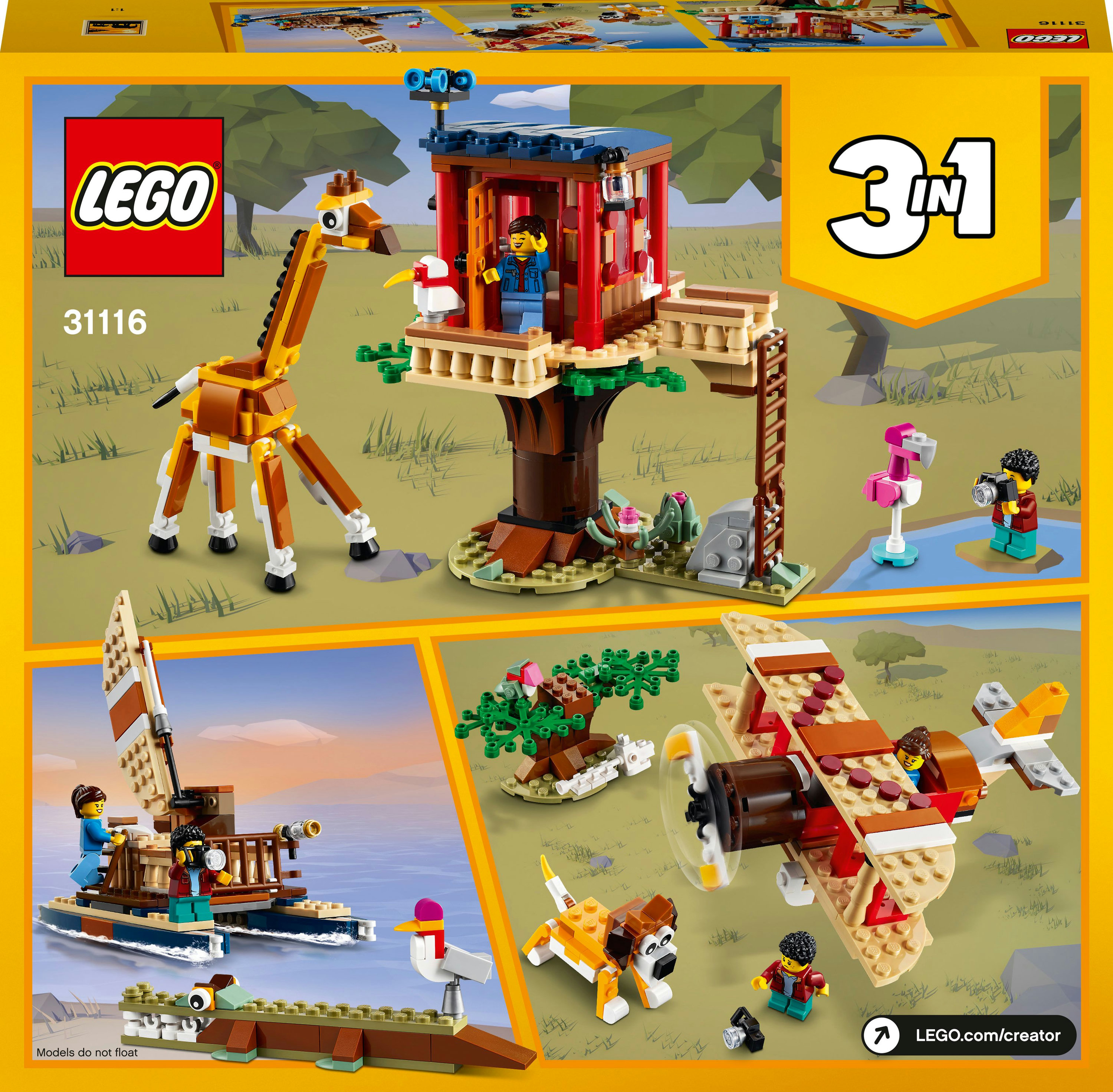 Scatola del set LEGO con più costruzioni: giraffa, casa sull'albero, barca, aereo e personaggi LEGO.