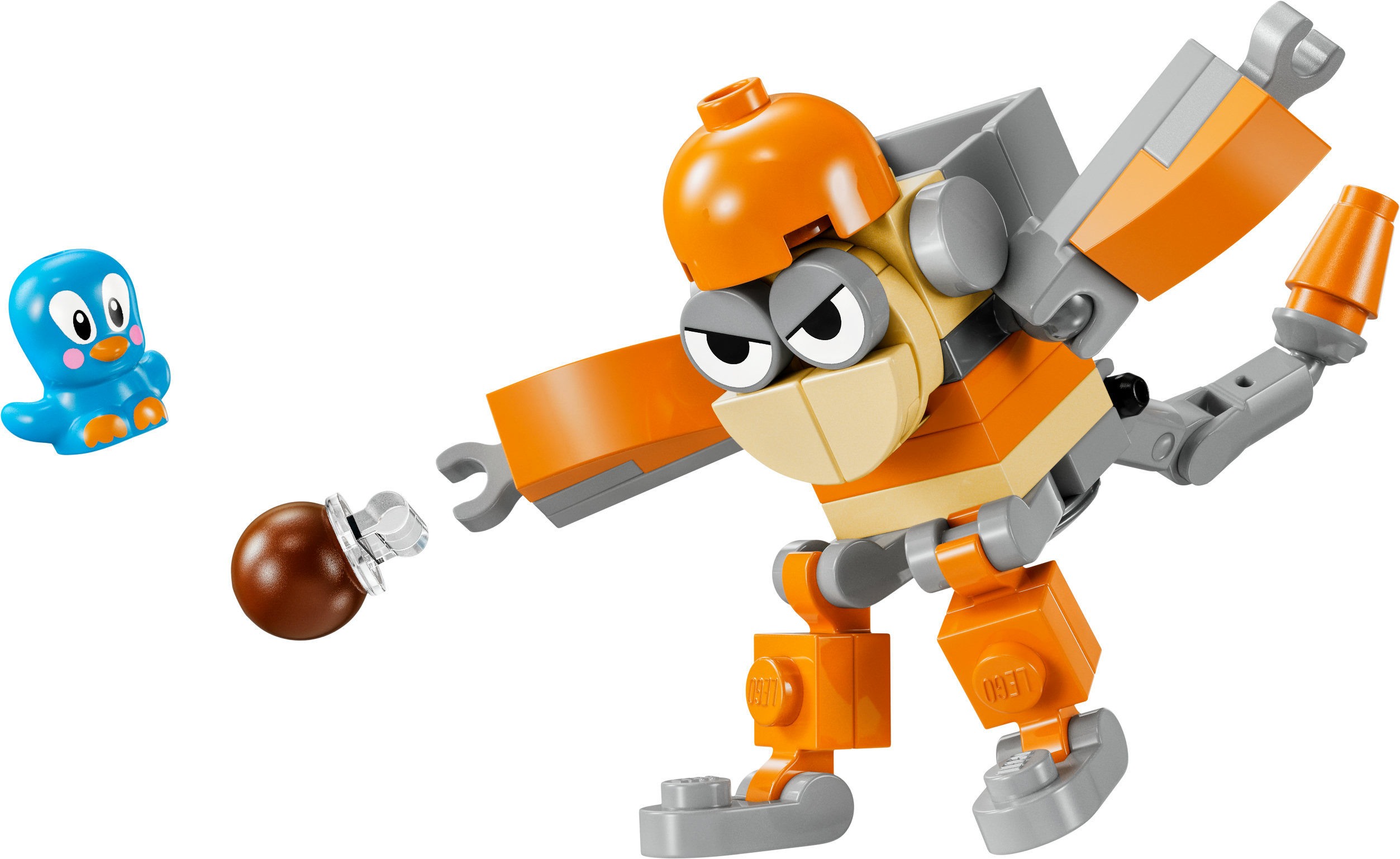 Eine LEGO Mixels Figur mit orangefarbenem Helm und einem blauen Pinguin.
