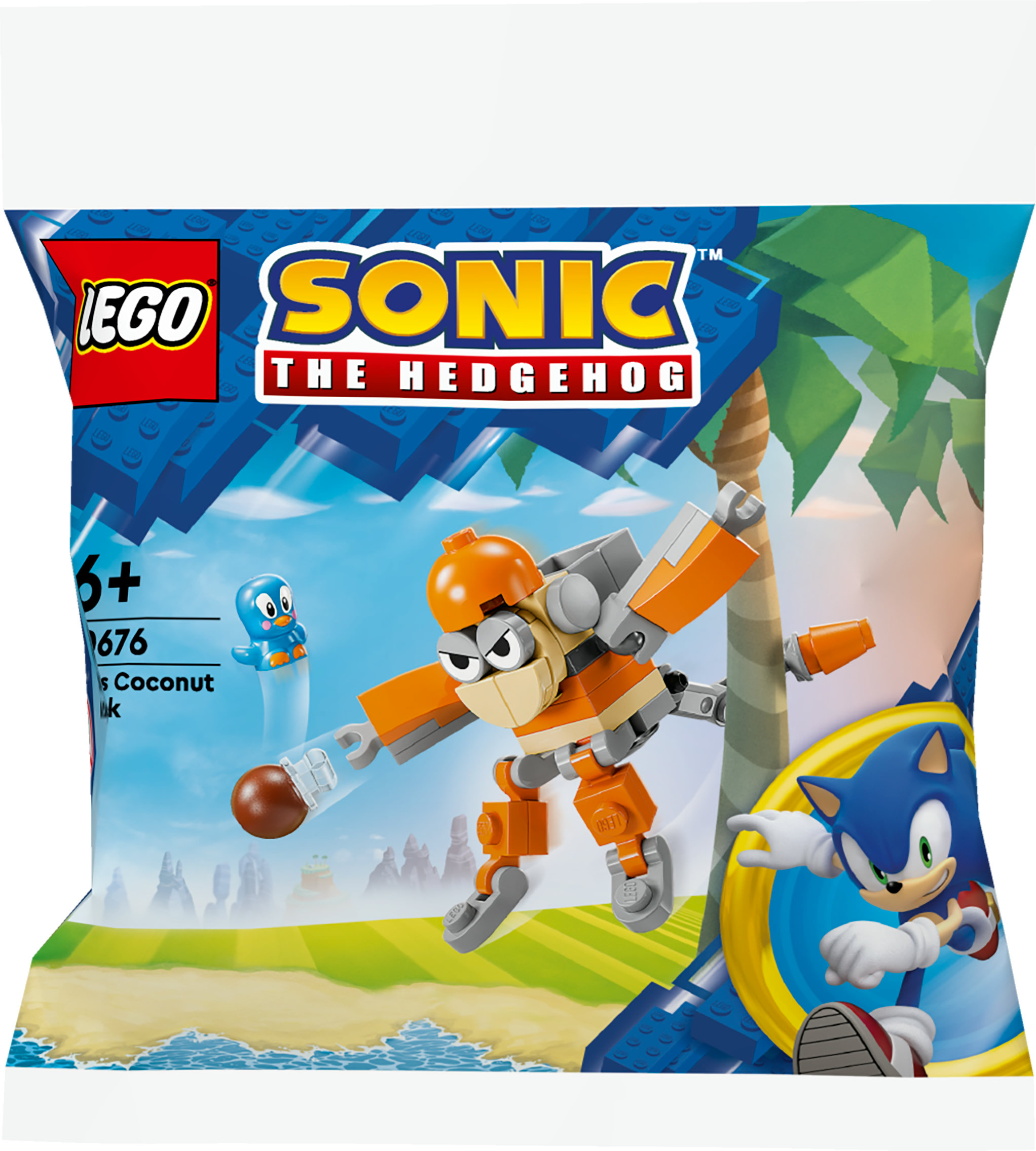 Lego Sonic The Hedgehog Set-Verpackung mit einer Figur, einem blauen Vogel und Sonic.
