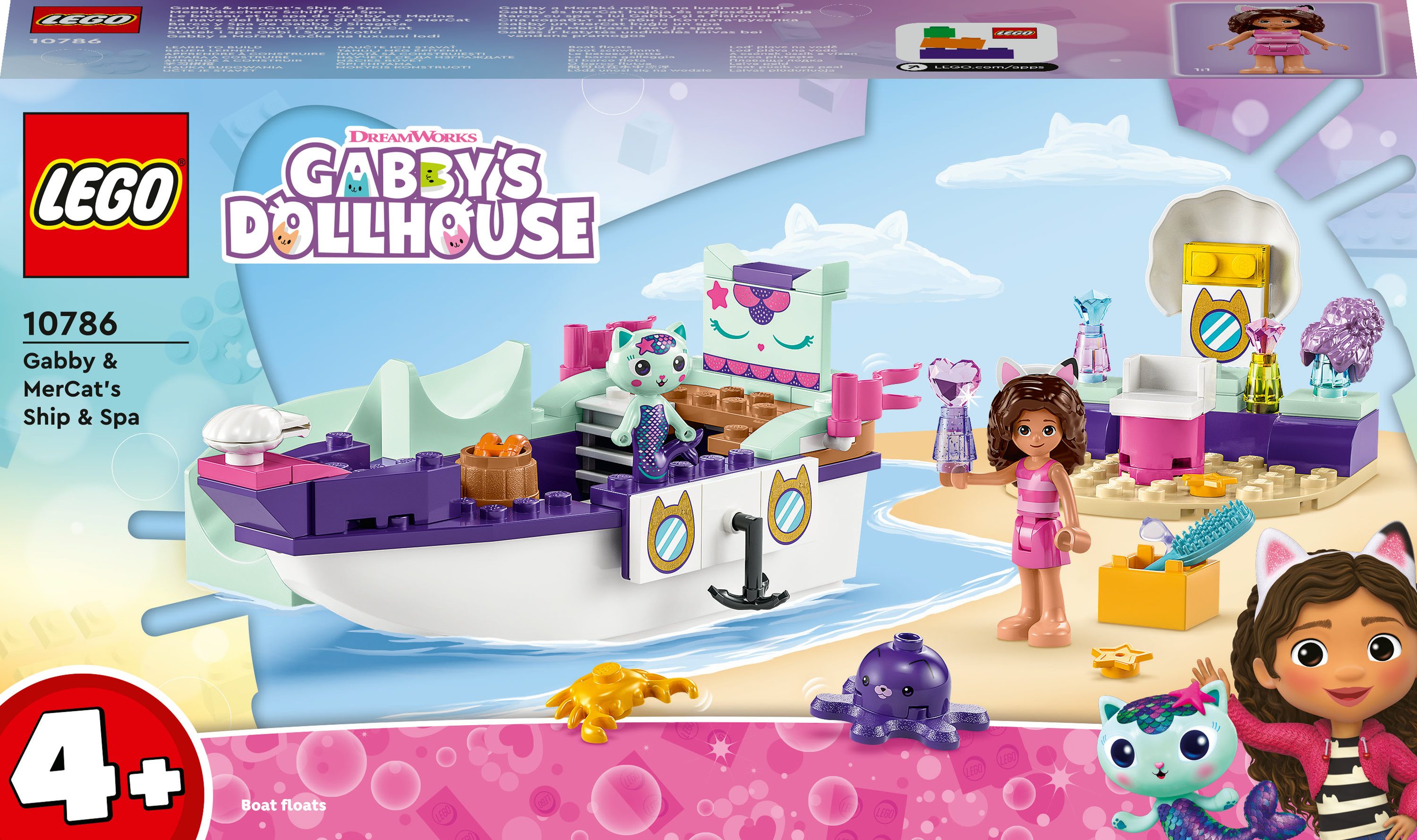 Lego-Set: Boot mit Gabby und MerCat-Figuren, Spa-Elementen und einem 4+-Alterslabel. Blauer Meereshintergrund.