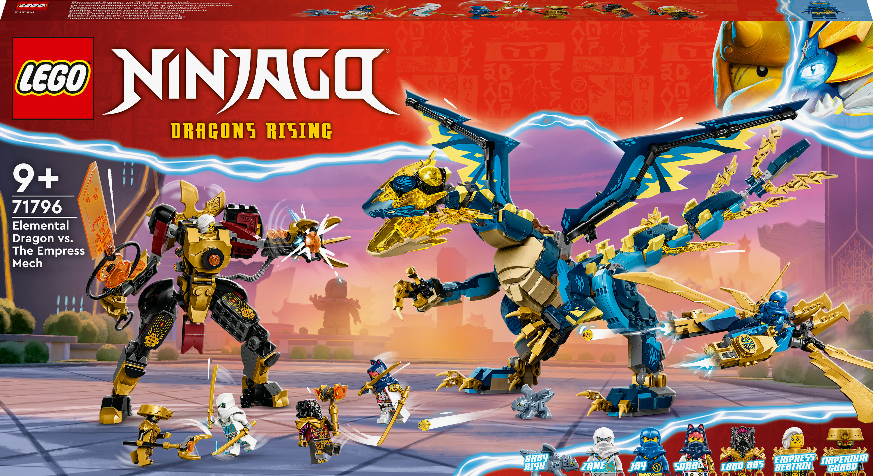 Un coffret Lego Ninjago Dragons Rising représentant un méca et un dragon dans une scène de bataille.