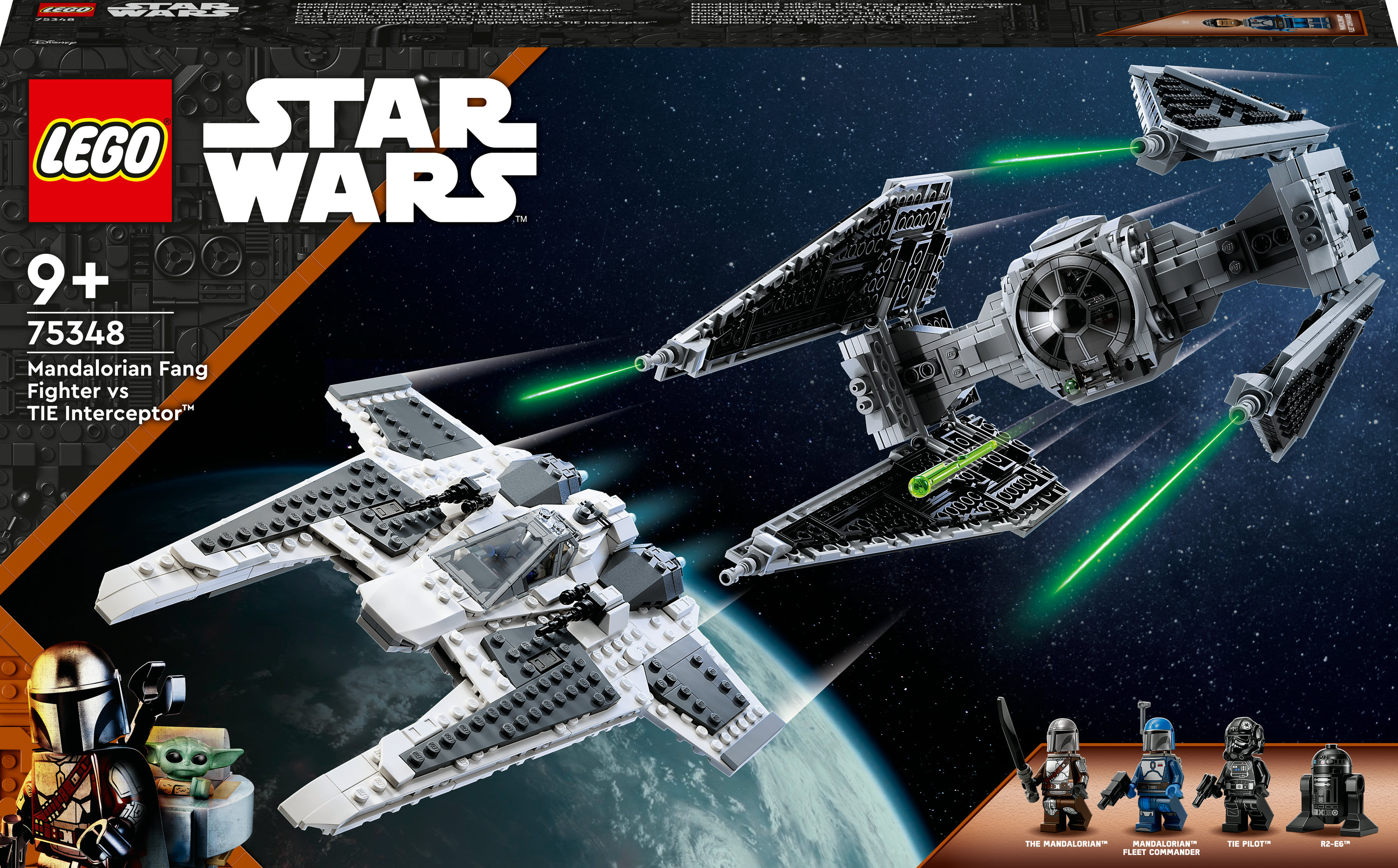 Zestaw Lego Star Wars. Zawiera modele Mandalorian Fang Fighter i Tie Interceptor.