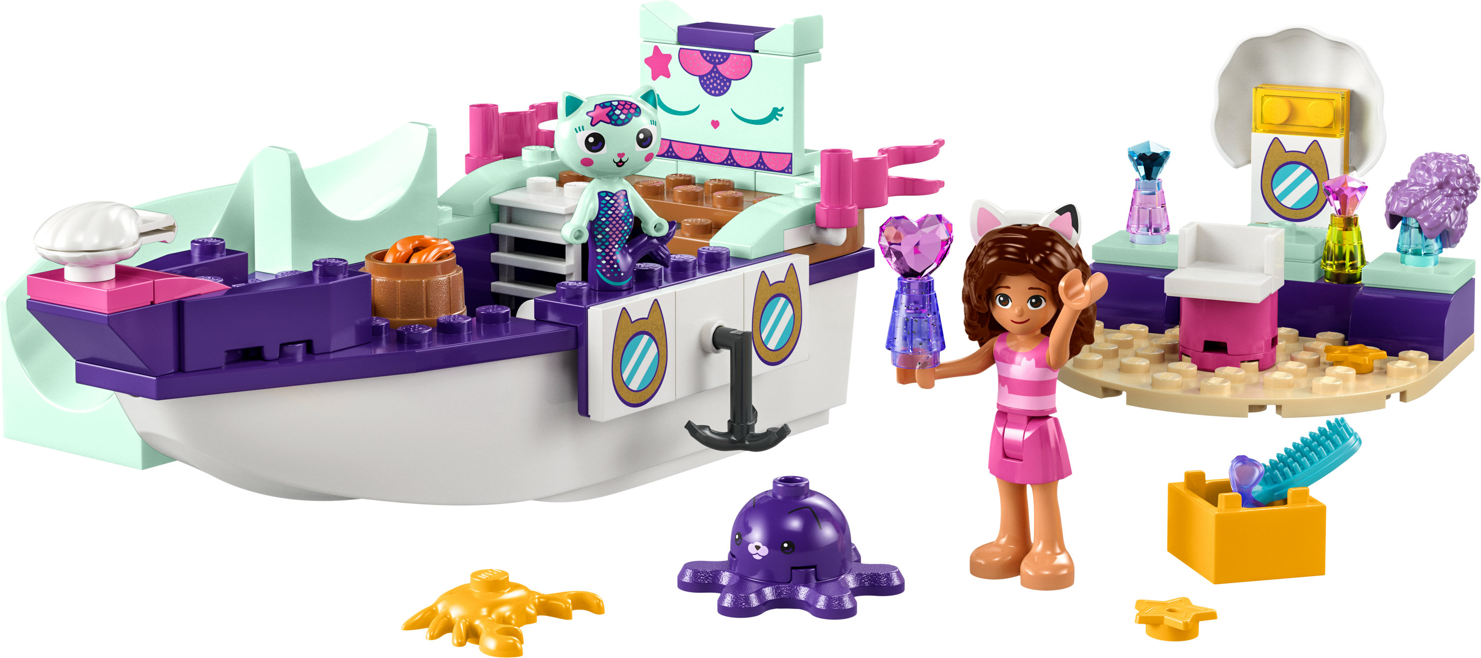 Ein Lego Friends Set. Ein Boot mit einer Katzenfigur, einer Mädchenfigur und verschiedenen Accessoires.