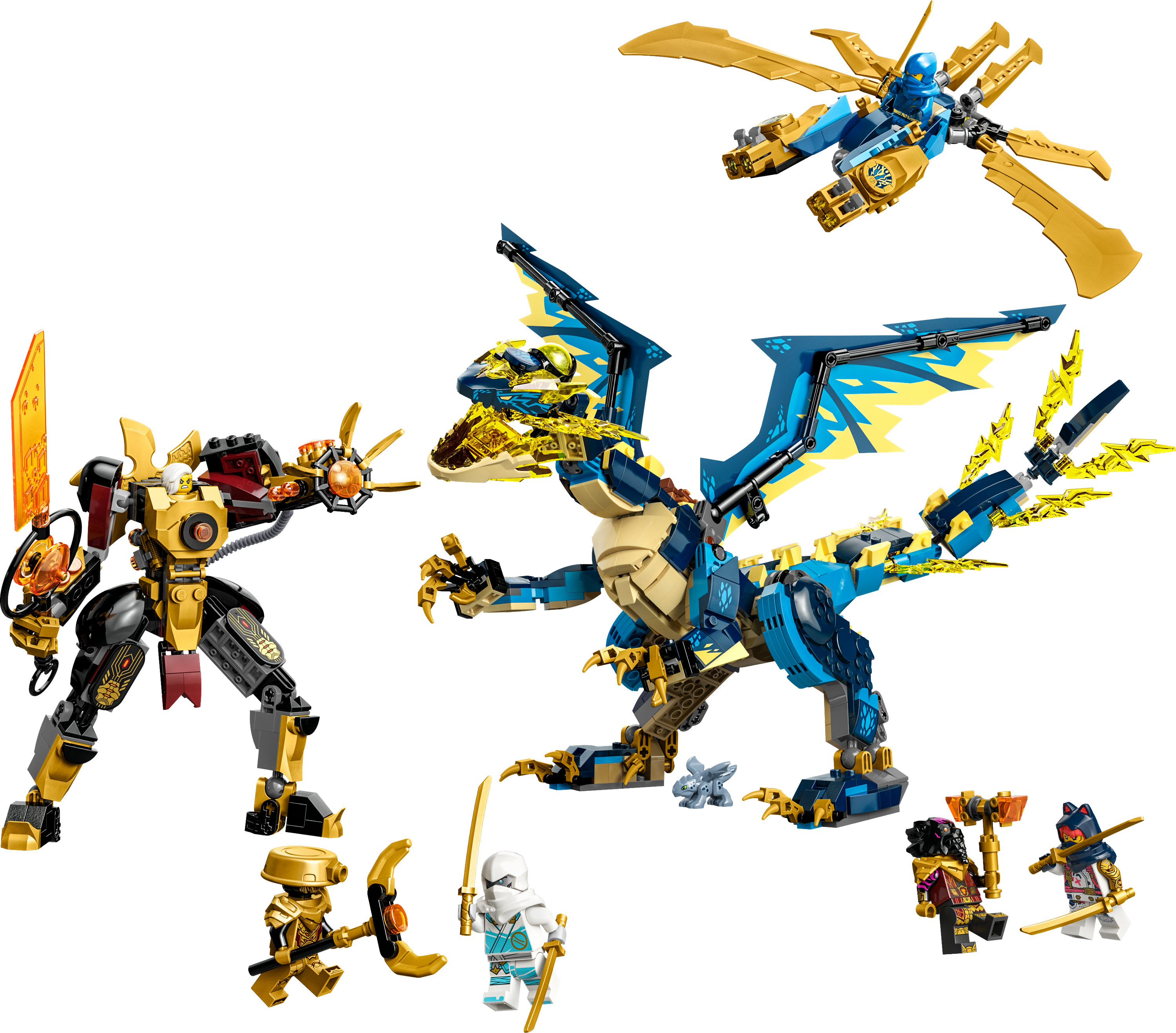 Set LEGO Ninjago avec des méchas, un dragon, des figurines et des armes sur fond blanc.