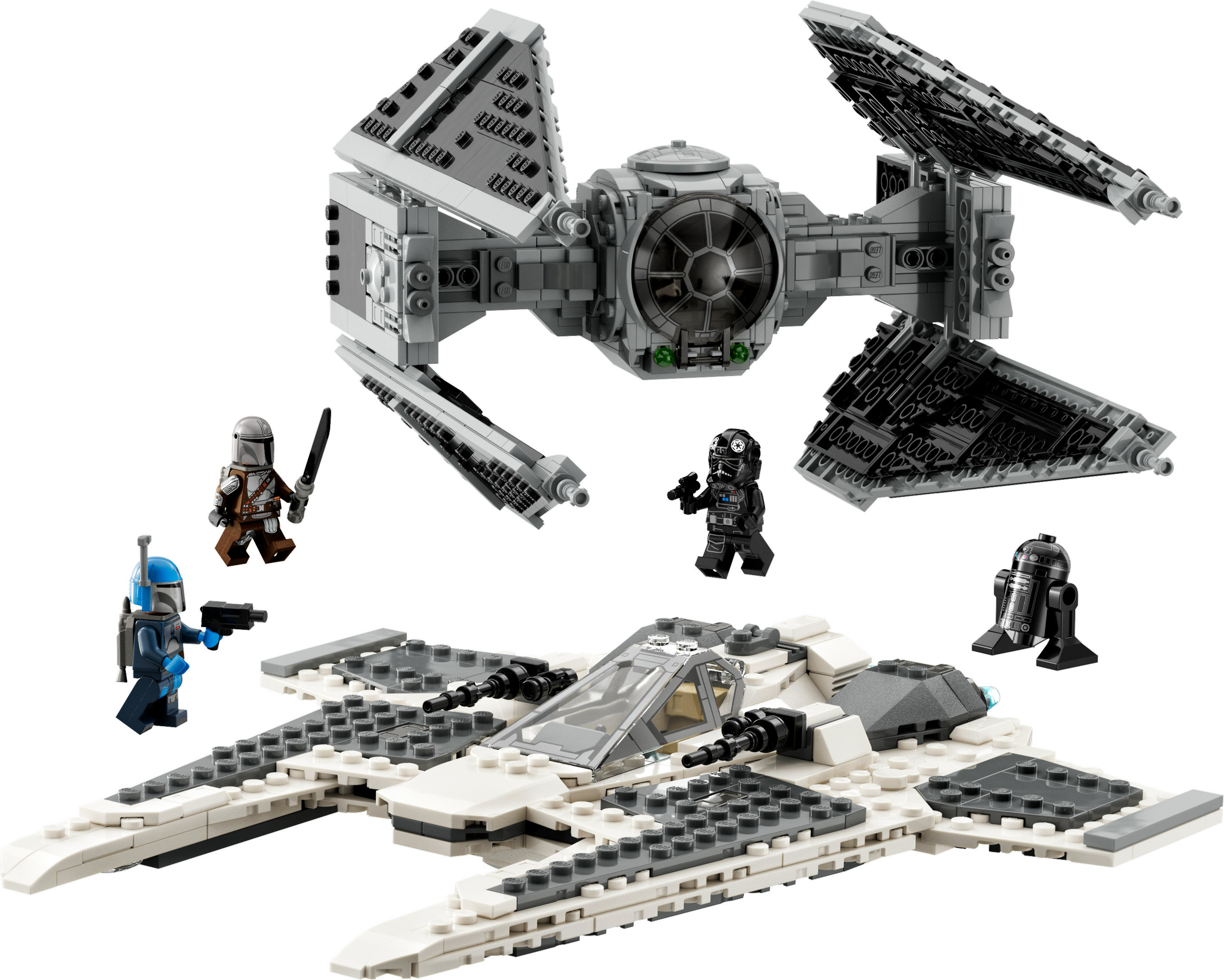Zestaw Lego Star Wars: TIE Fighter, statek i minifigurki na białym tle.