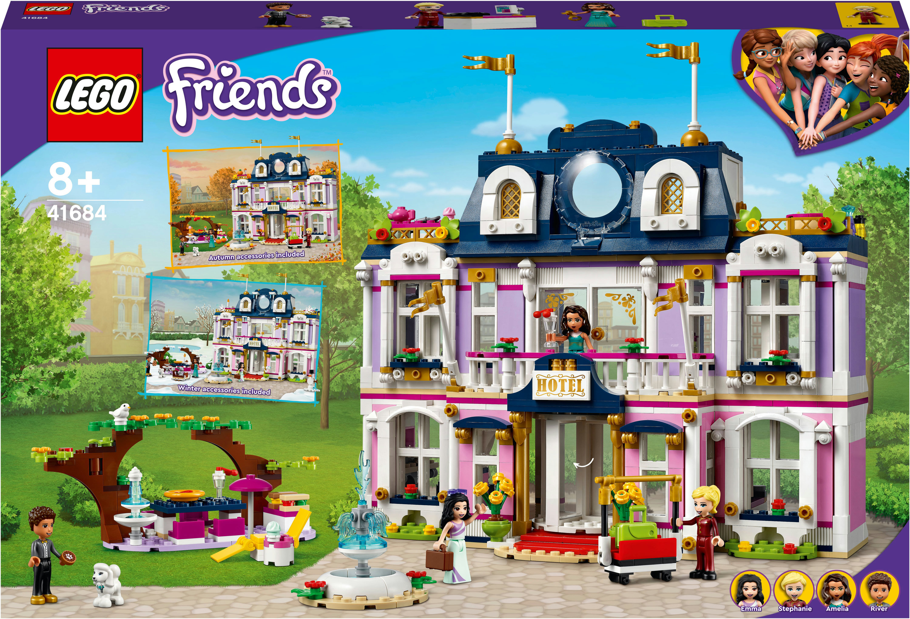Una scatola del set Lego Friends è esposta con una scena di hotel sul davanti.