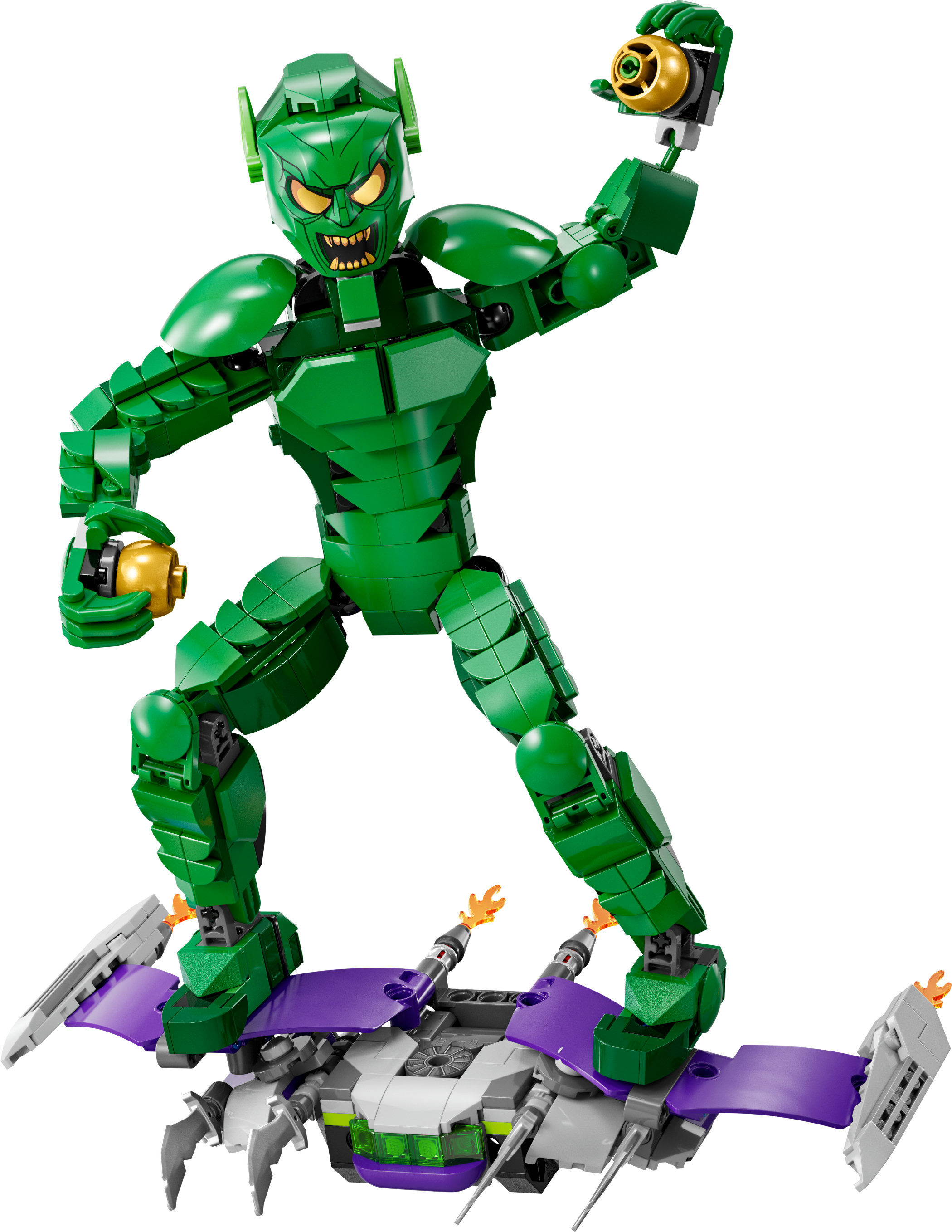 Zielony Goblin Lego na fioletowym szybowcu z bombami. Trzyma dyniową bombę.