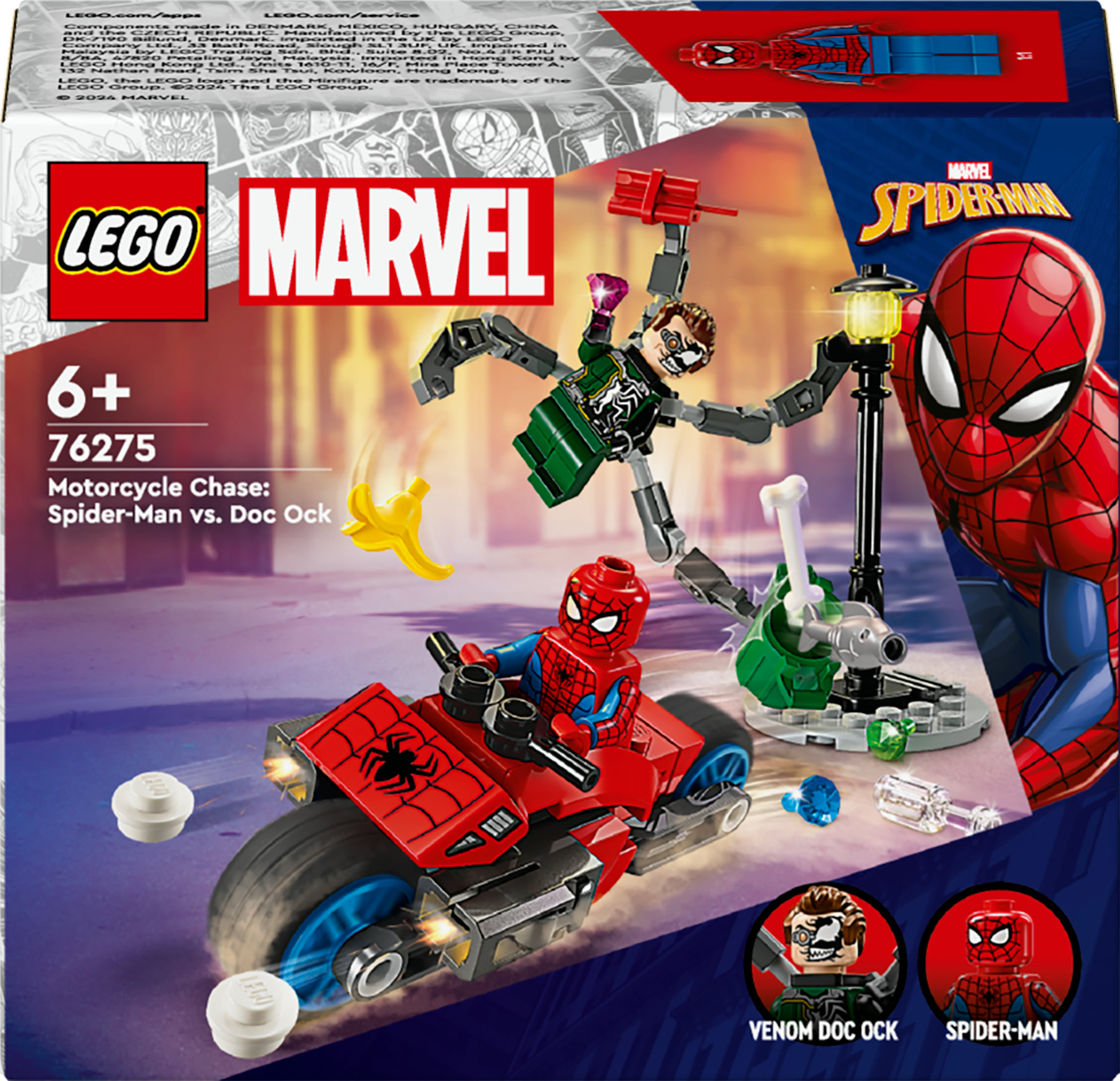 Ein LEGO Marvel Set mit Spider-Man und Doc Ock auf einem Motorrad. Die Box zeigt die Figuren und die Szene.