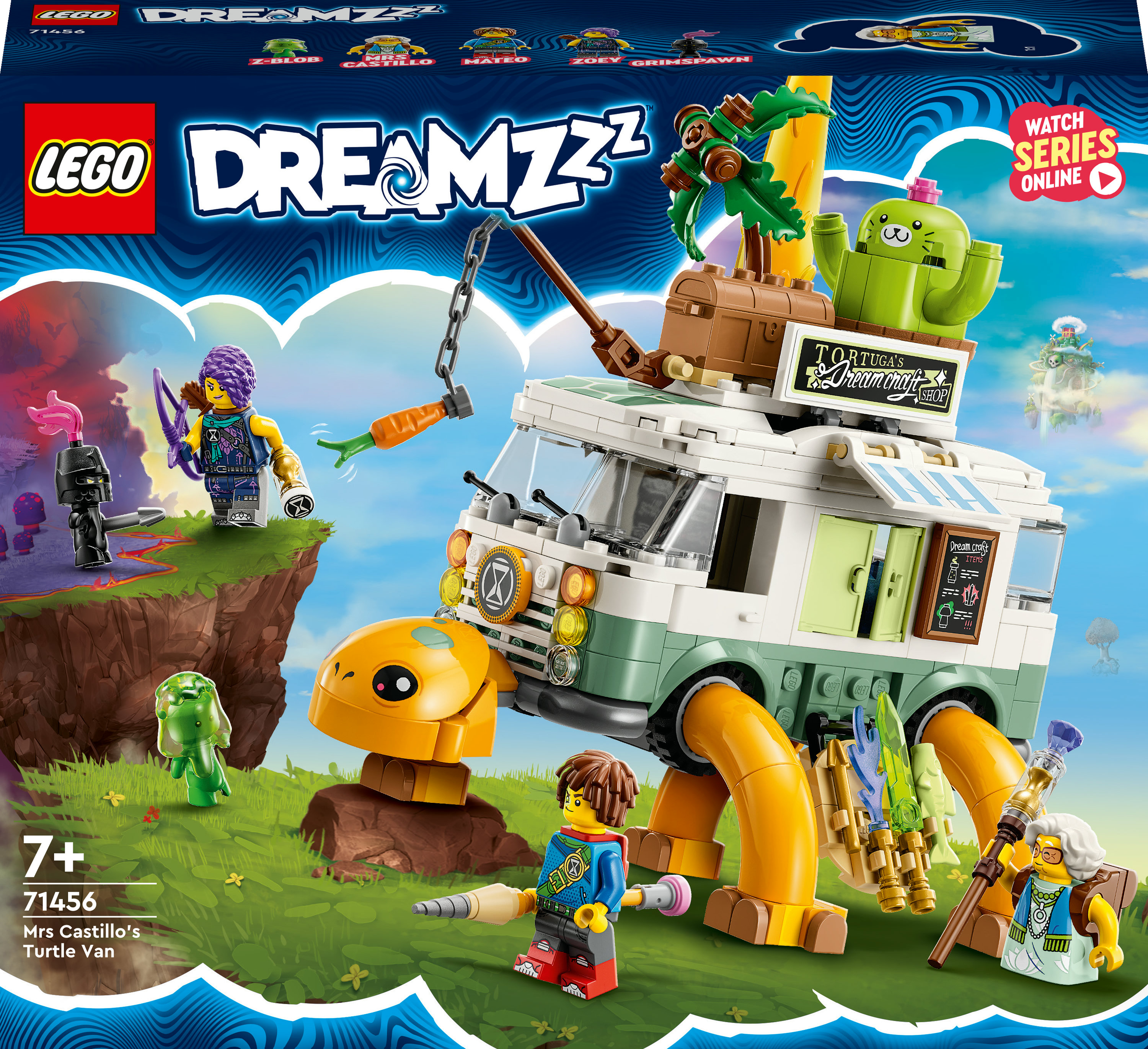 Eine Lego Dreamzzz Set-Box mit einem Schildkröten-Van, Figuren und dem Serienlogo.