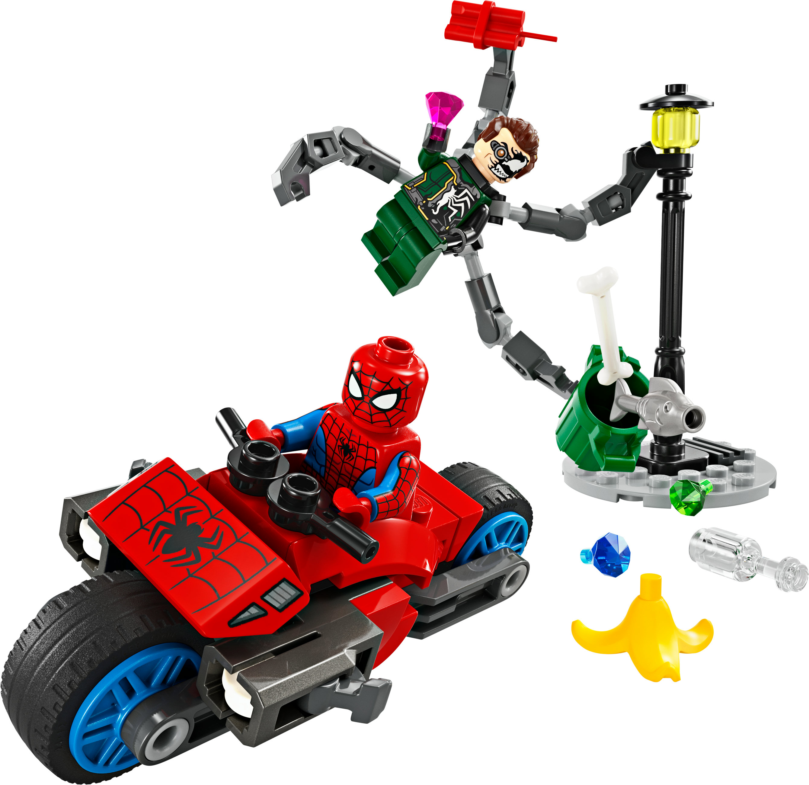 Lego Spider-Man Set mit Spider-Man auf einem Motorrad und Doctor Octopus in der Luft.