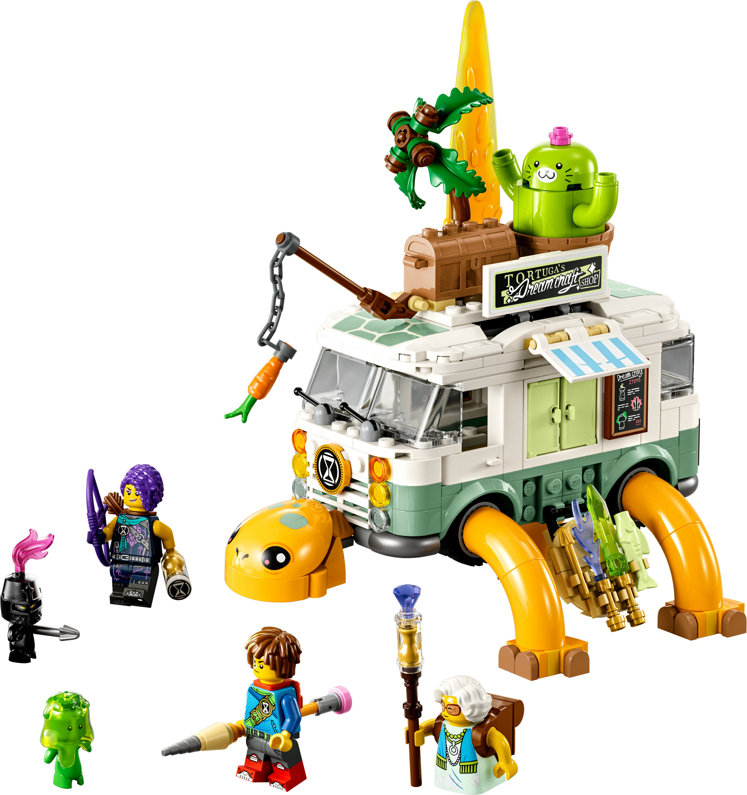 Ein Lego-Set mit einem schildkrötenförmigen Foodtruck mit Minifiguren. Der Truck hat ein Schild.