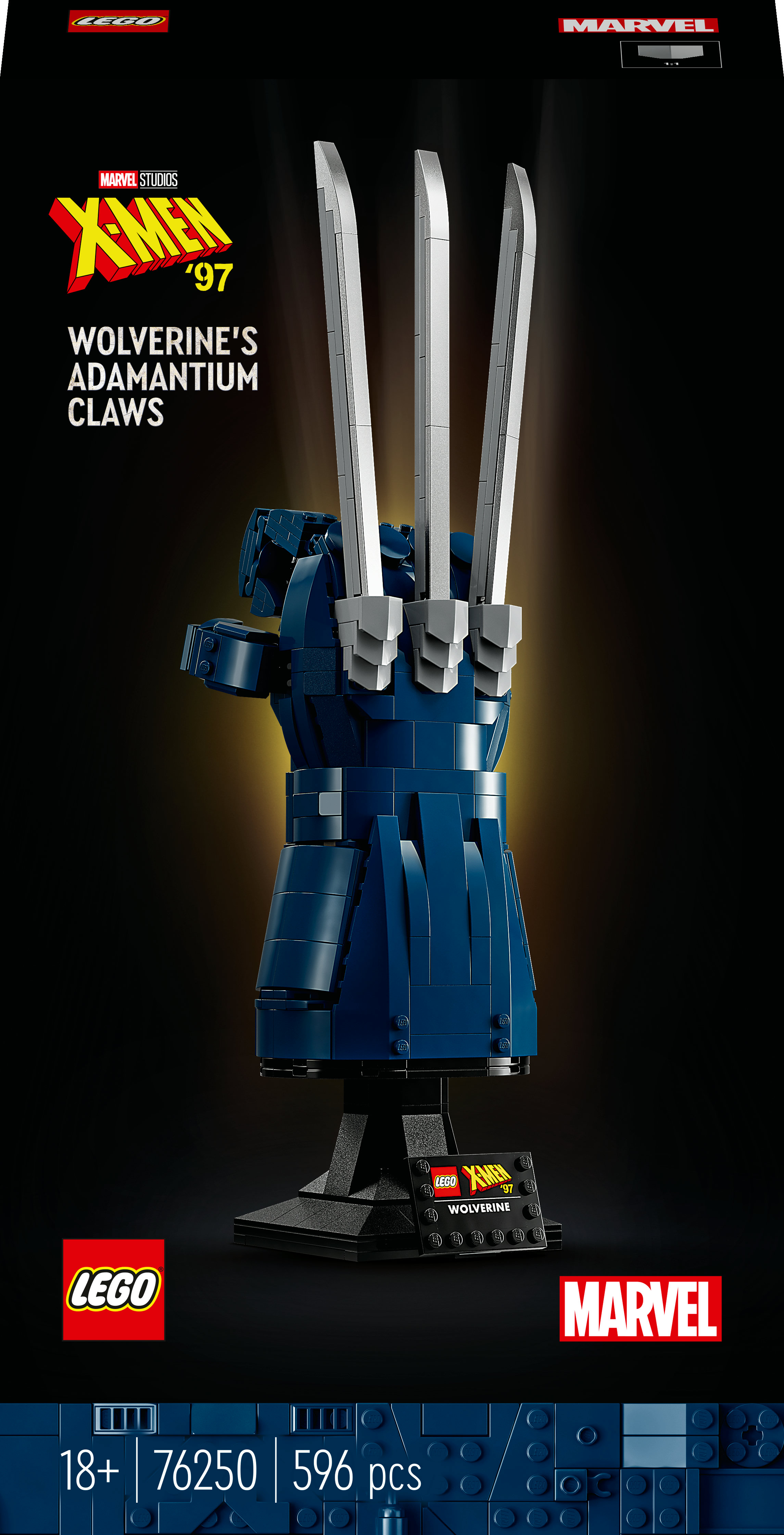Lego set box: Wolverine's claws on a dark background. Marvel logo is present.