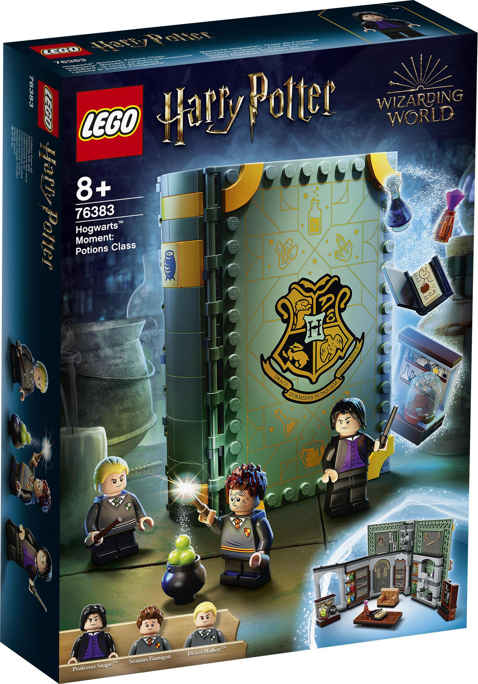 Un set de caja Lego de Harry Potter Hogwarts Moment: Clase de Pociones. Presenta figuras de Lego y una caja con forma de libro.
