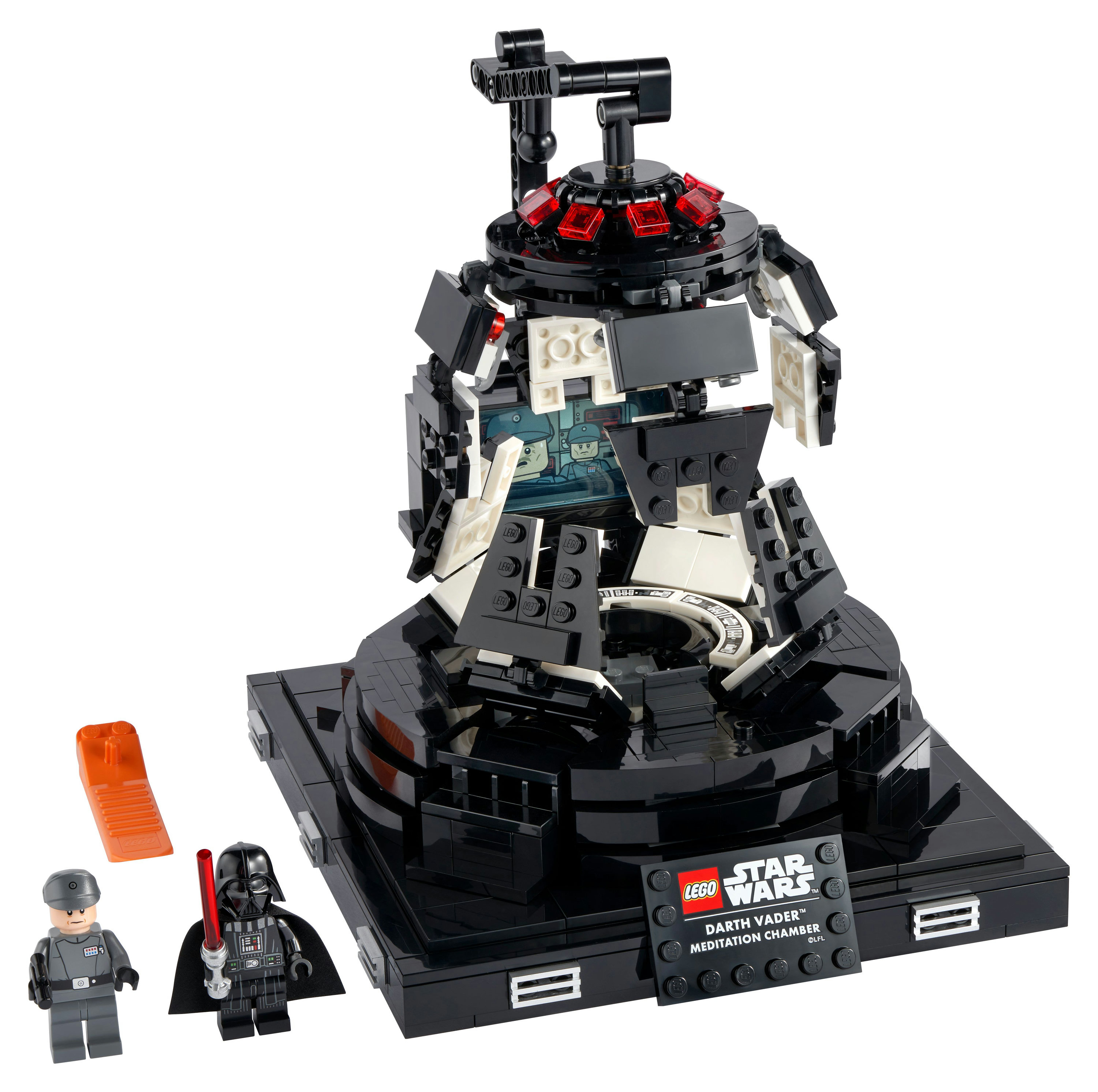 Ein Lego Darth Vader Meditationskammer-Set. Enthält Minifiguren und eine schwarze, eckige Struktur.