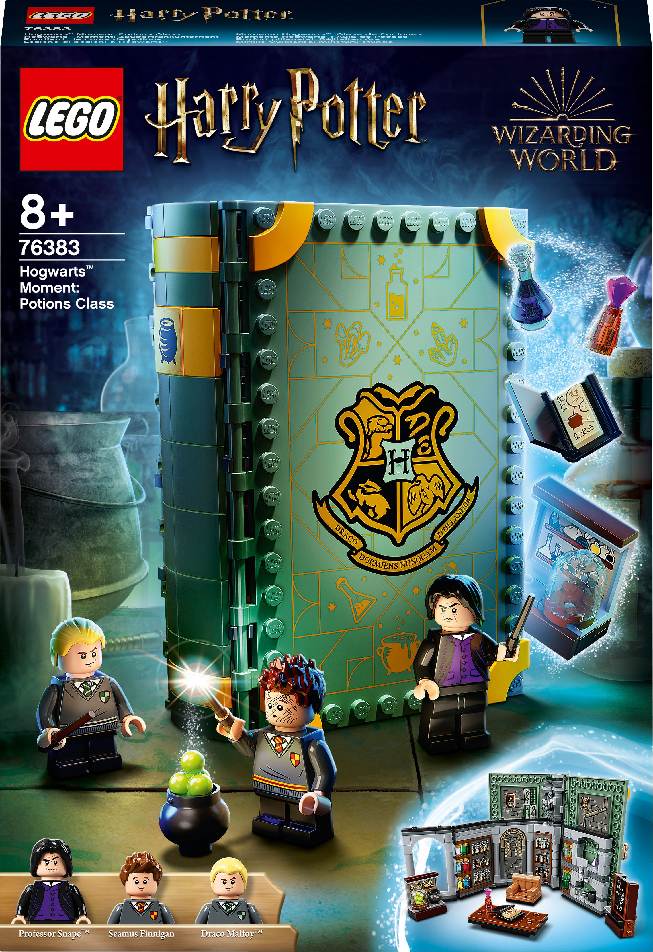 Caja del set Lego Harry Potter con personajes, pociones y una escena de Hogwarts.
