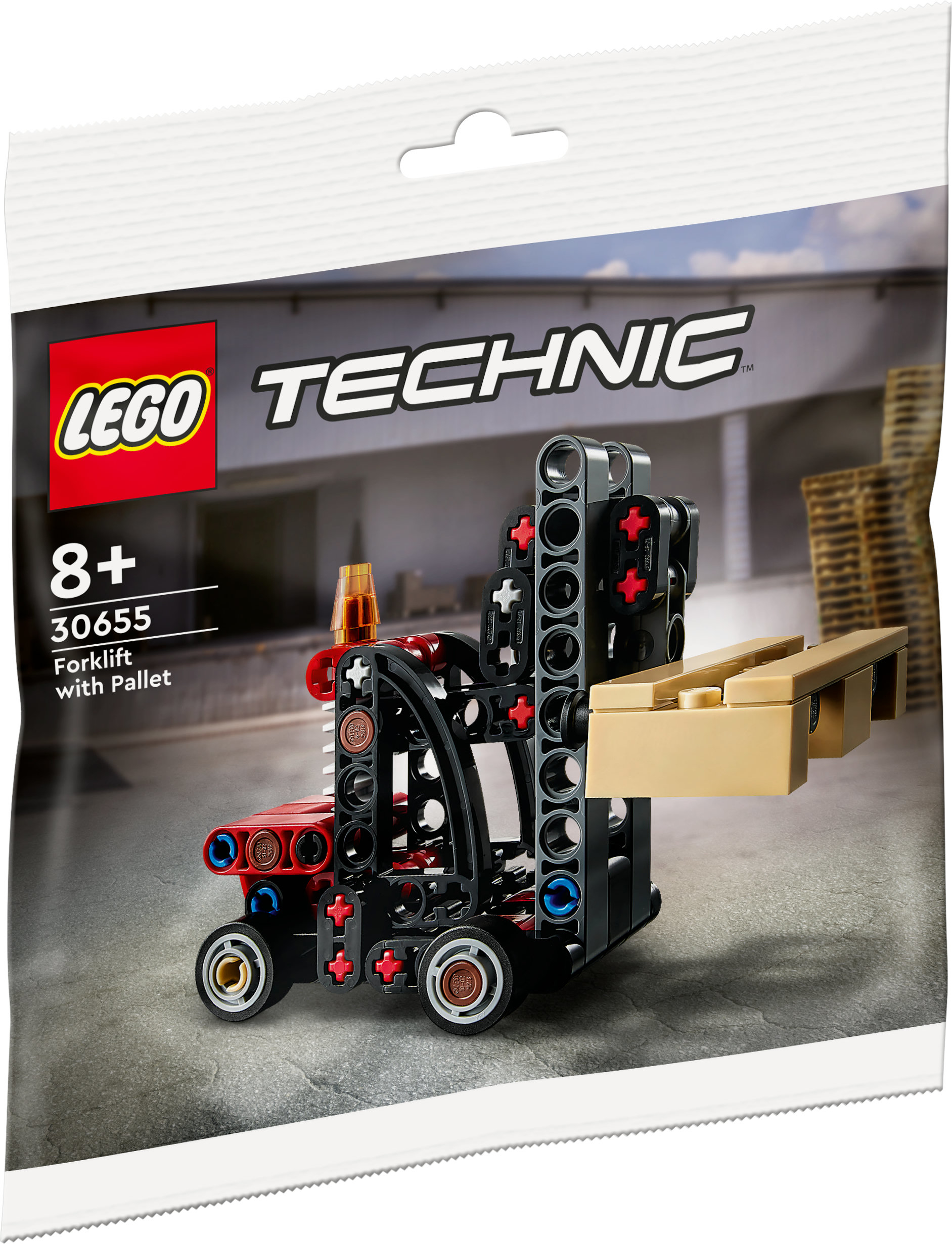 Opakowanie zestawu LEGO Technic. Pokazuje mały wózek widłowy z paletą. Tło jest białe.