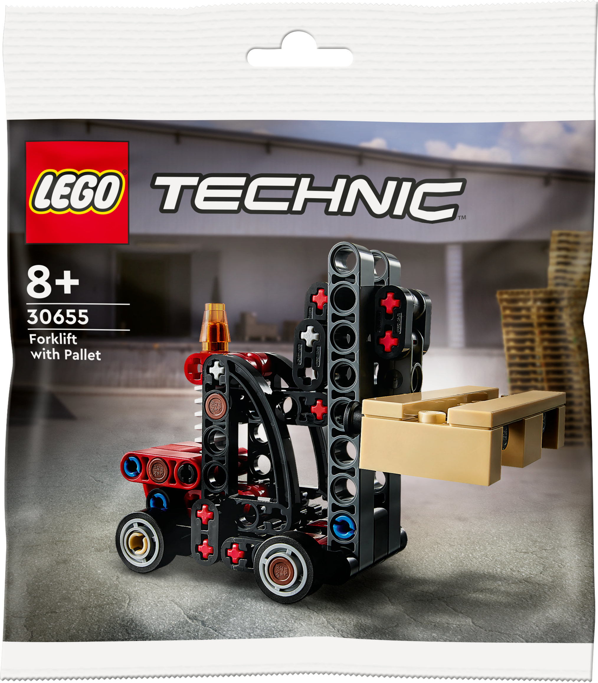Zestaw LEGO Technic w torbie, mały czerwono-czarny wózek widłowy z beżową paletą.