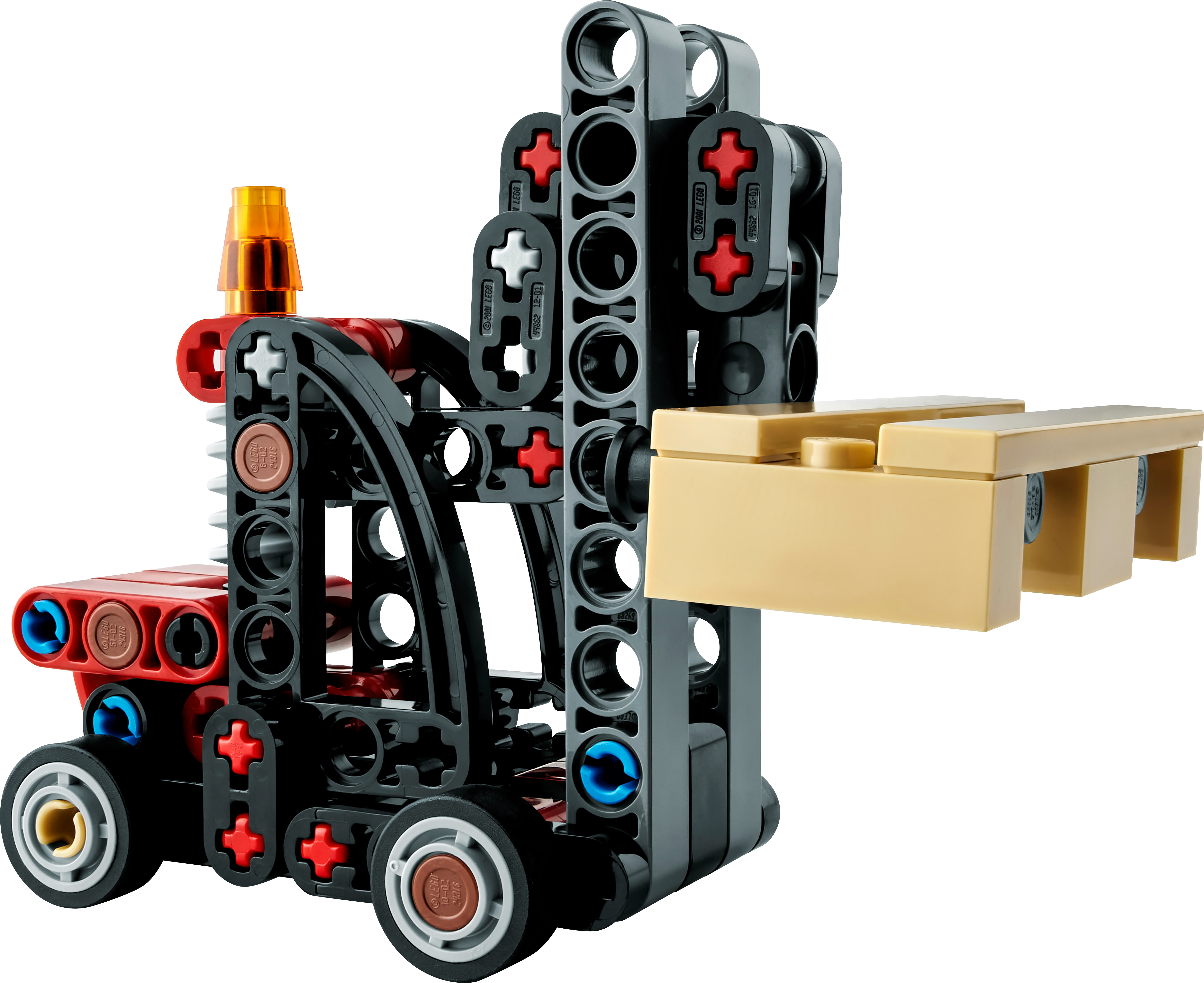 Model wózka widłowego LEGO Technic z czerwonymi i czarnymi detalami, beżowe widły.