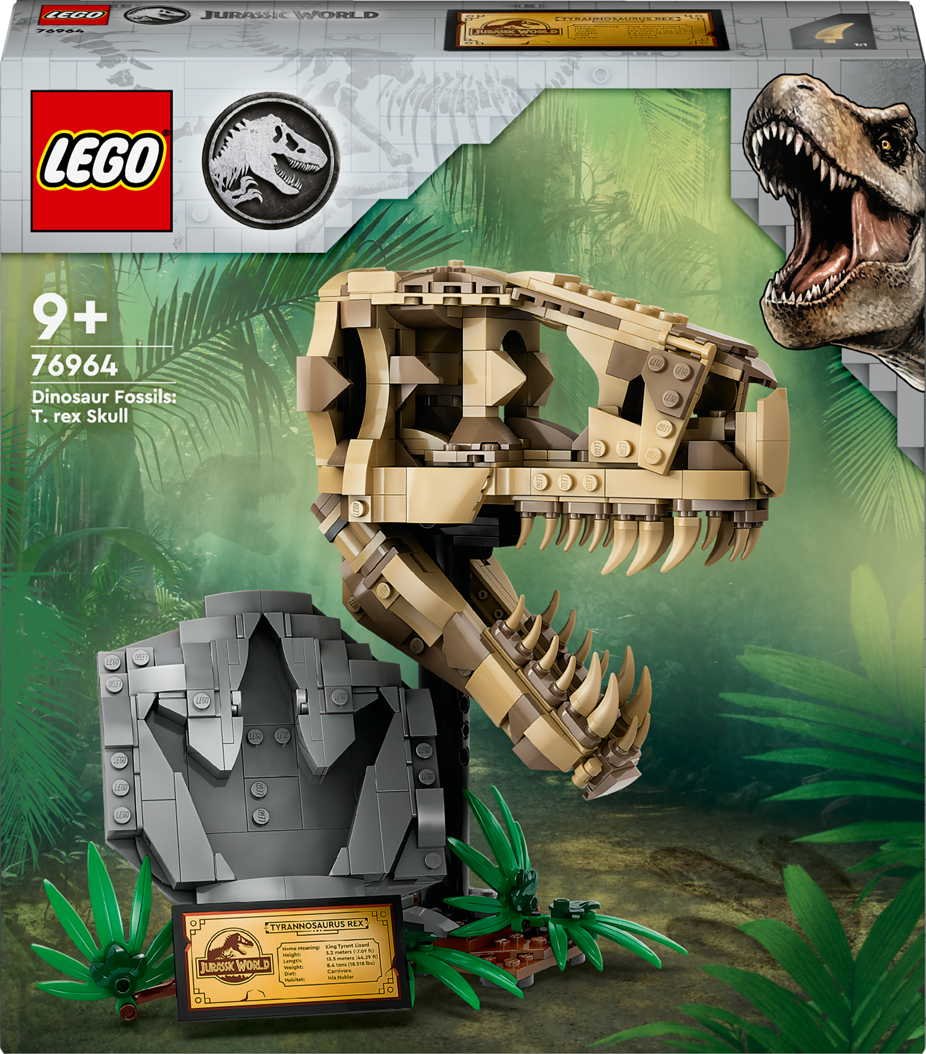 Un set LEGO Jurassic World con un modelo de cráneo de T-rex en exhibición.