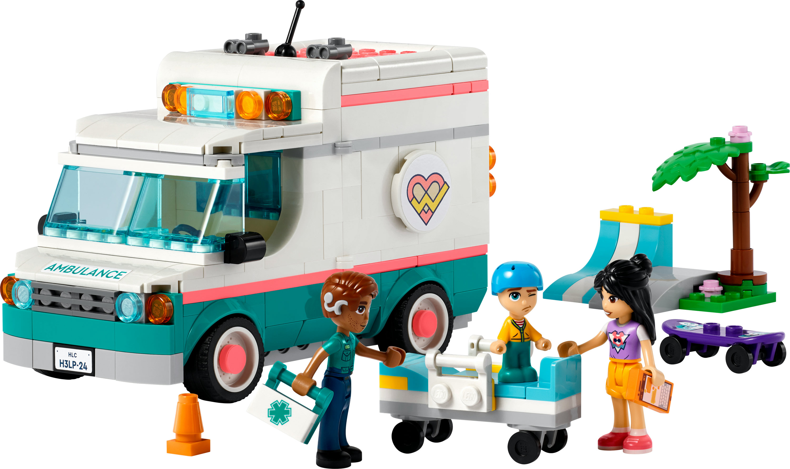 Figürler, bir kaydırak ve bir kaykay ile Lego Friends ambulans seti. Sahne dışarıda.