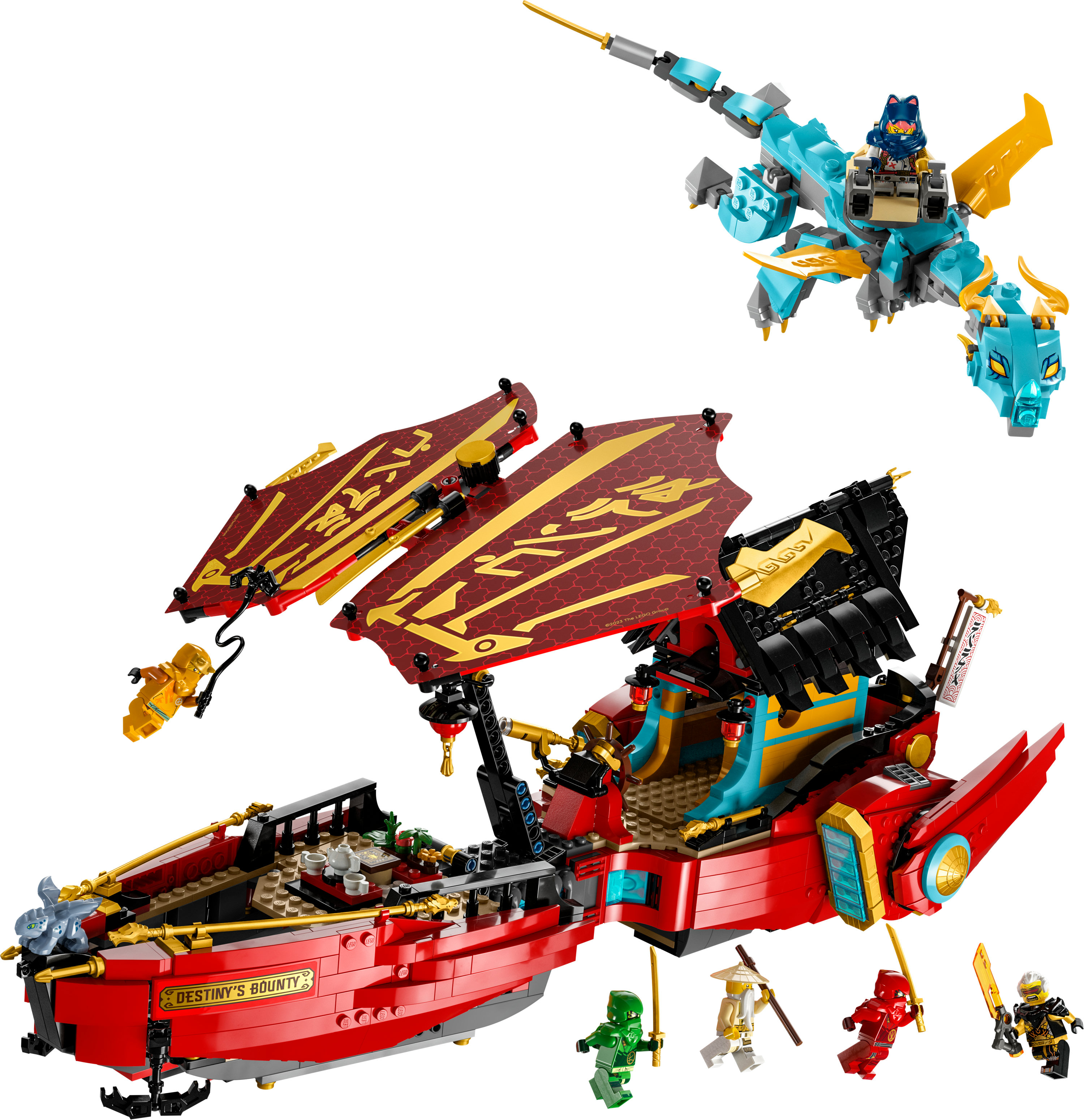Nave Lego Ninjago Destiny's Bounty e un drago con minifigure.
