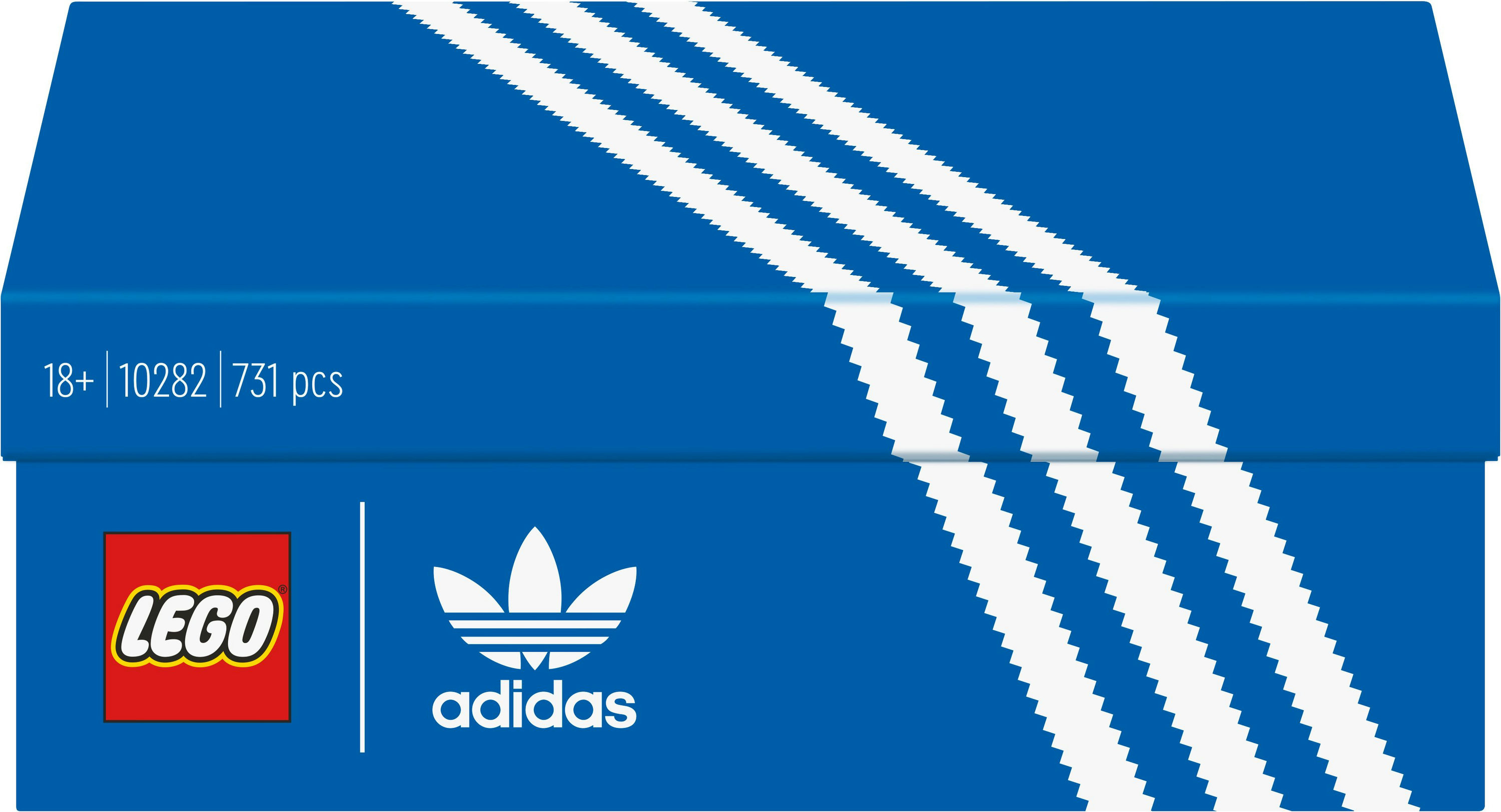 Pudełko Lego Adidas. Ma logo Lego, logo Adidas i wzór trzech pasków Adidas.