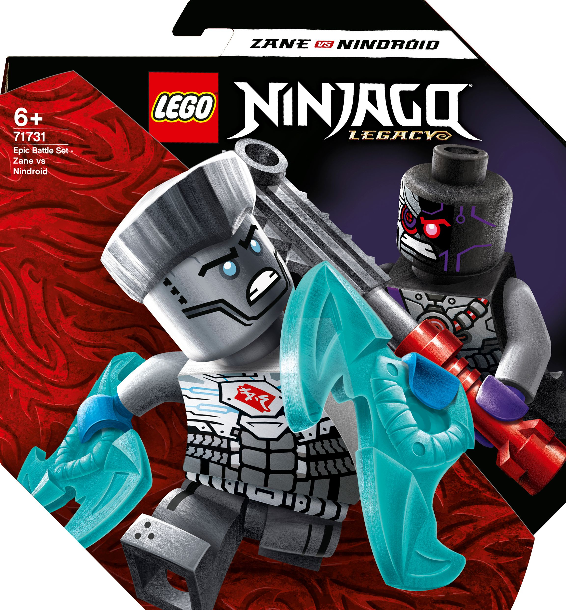Una scatola Lego con due personaggi Lego uno di fronte all'altro in una scena di battaglia.