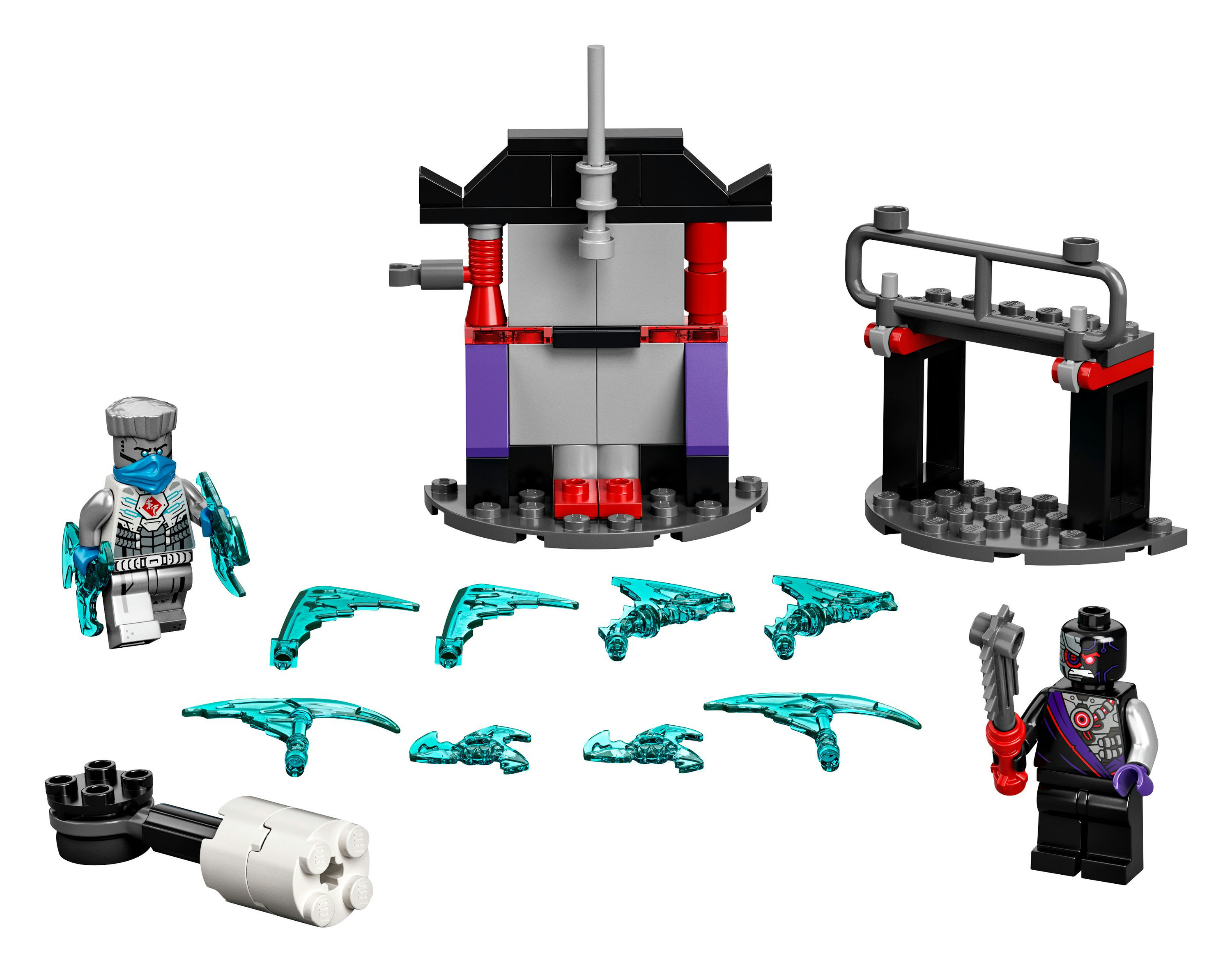 Un set Lego Ninjago con personaggi, edificio, armi e un supporto nero.