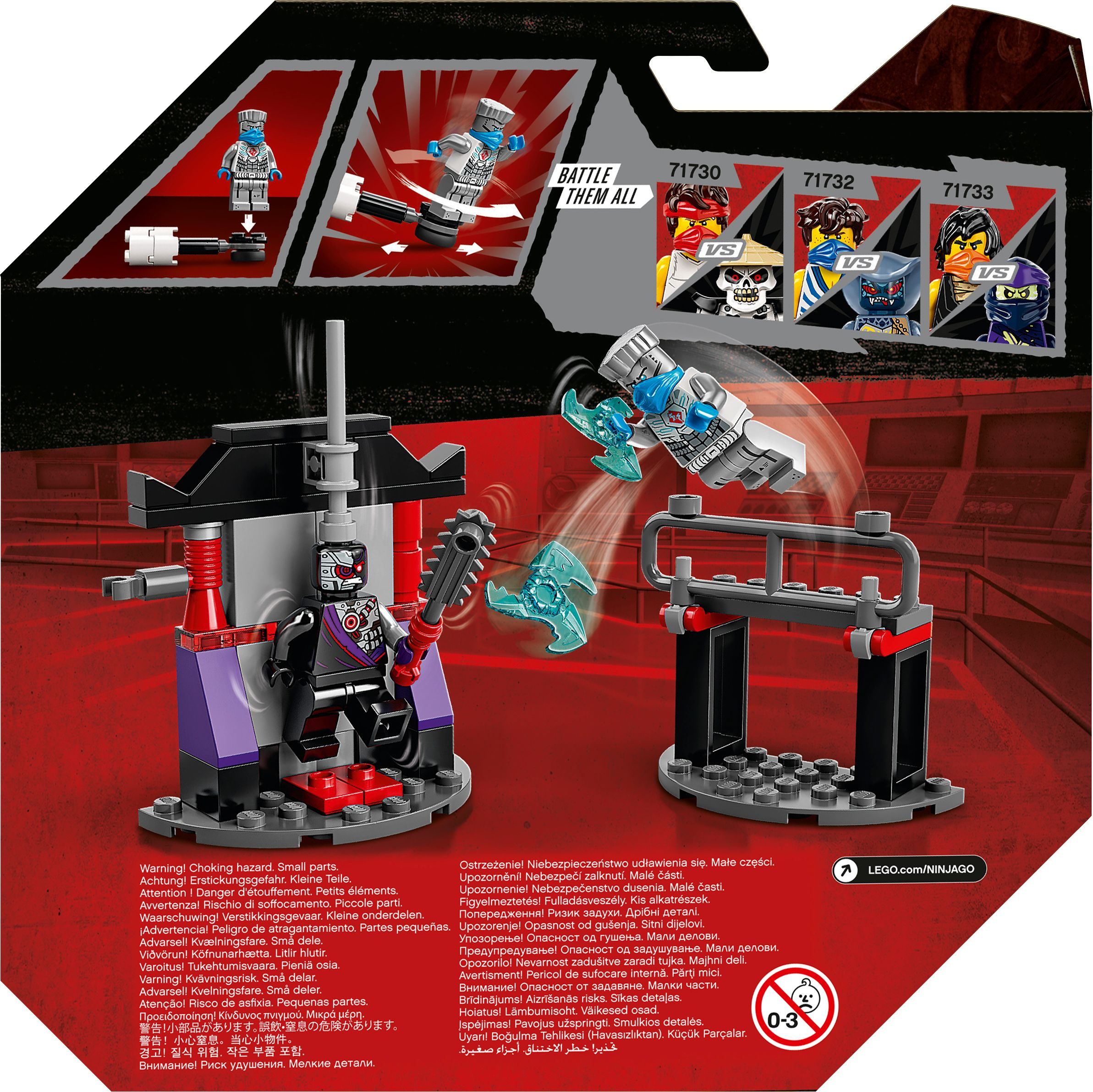 Una scatola di set Lego con personaggi Lego. Il set Lego si basa su un tema di battaglia con guerrieri.