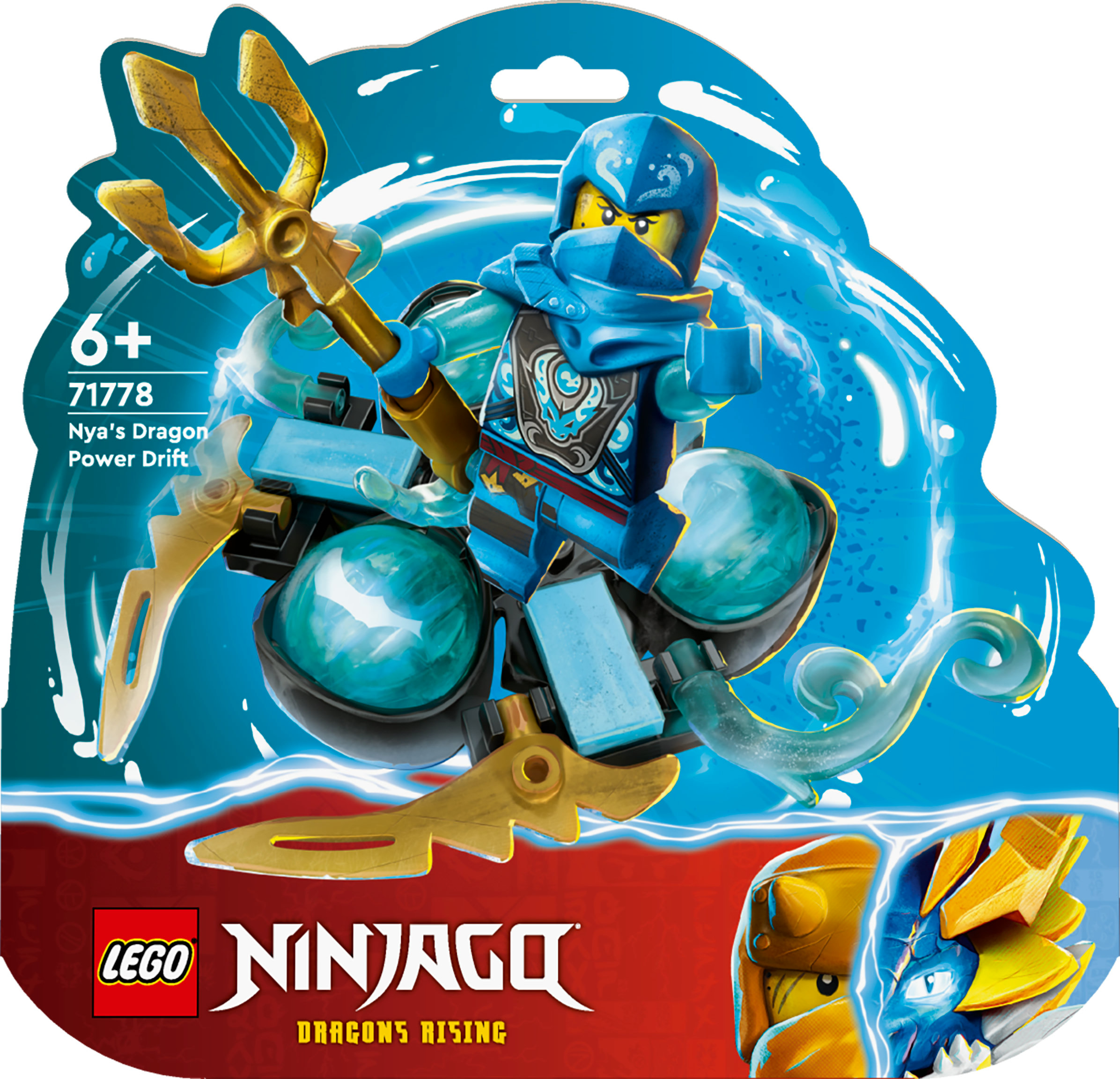 Lego Ninjago Set Box. Zeigt einen blauen Ninja, der einen Wasserdrachen reitet.
