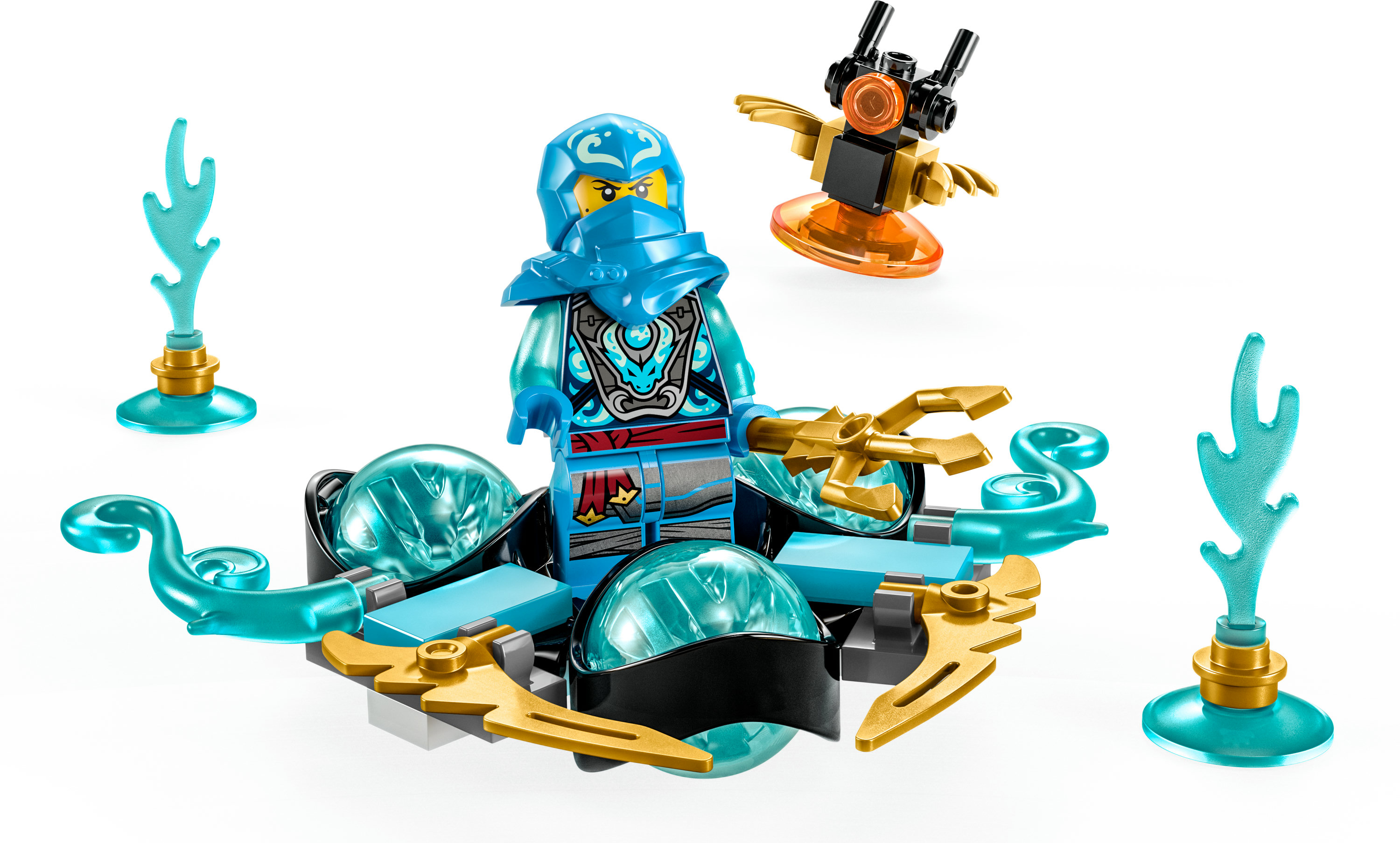 Eine Lego-Figur im Wasser, mit blauen und goldenen Akzenten, und ein Fluggerät.