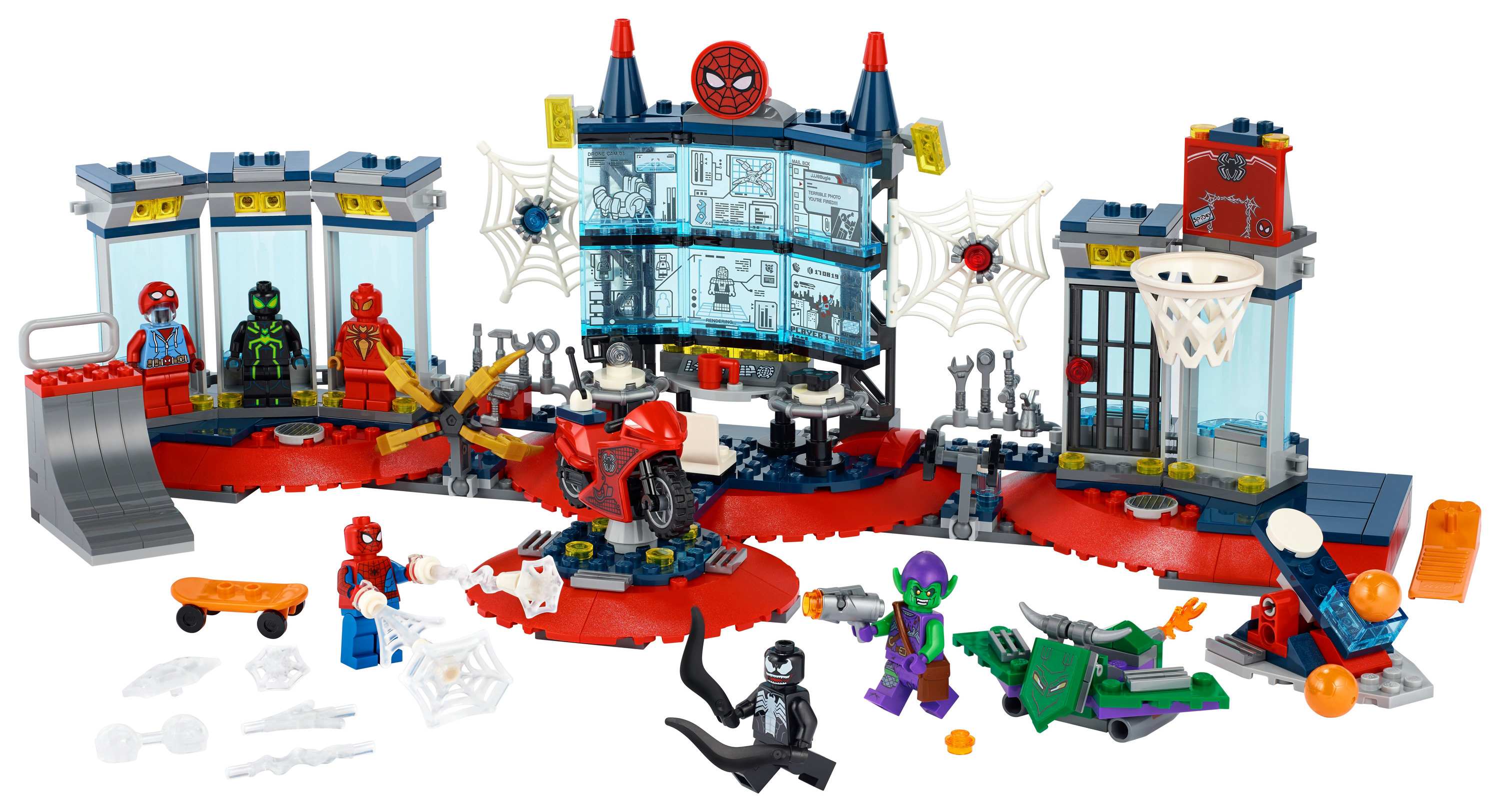 Zestaw Lego Spider-Man. Zawiera laboratorium z kilkoma figurkami, pojazdami i akcesoriami. Białe tło.