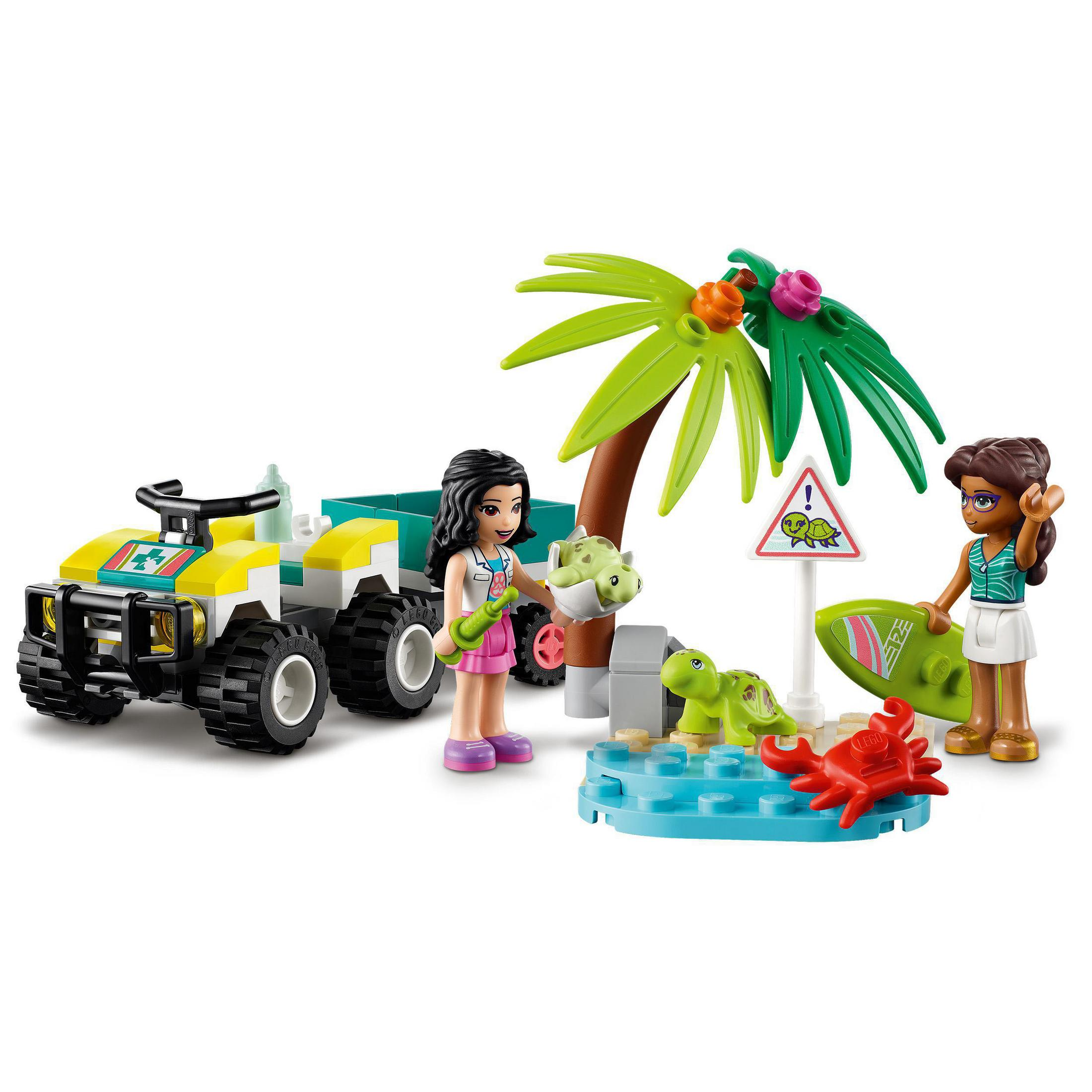 Lego Friends Set. Zwei Figuren sind an einem Strand mit einem Vierrad, einer Palme und einer Schildkröte.