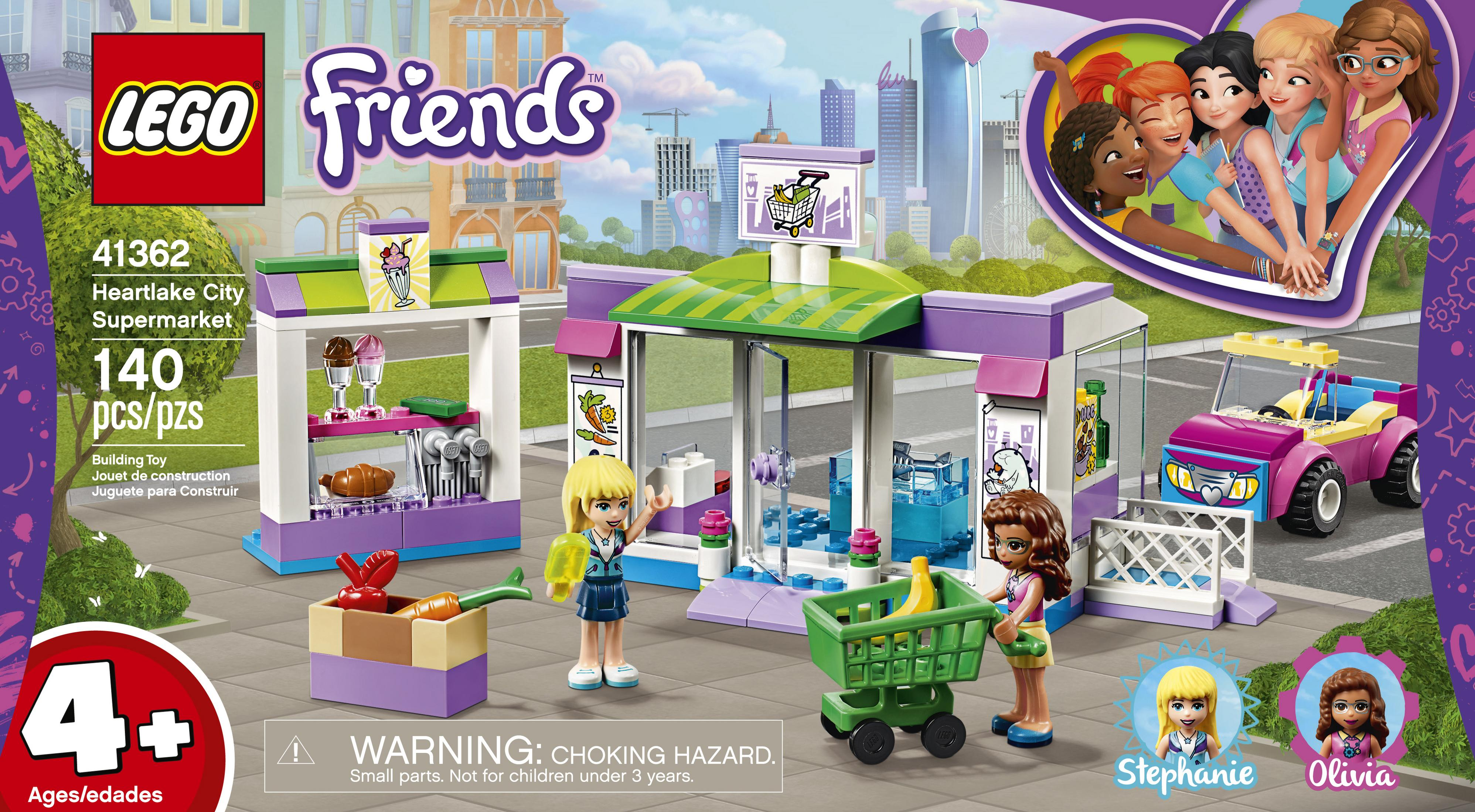 Zestaw Lego Friends: supermarket z minifigurkami, samochodami i akcesoriami.