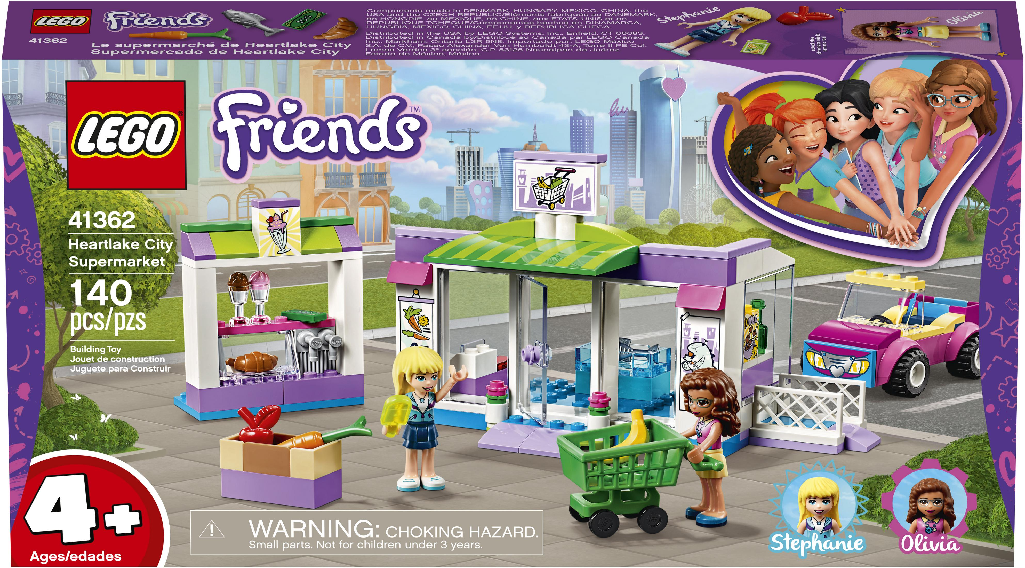 Zestaw Lego Friends supermarket z figurkami i akcesoriami.