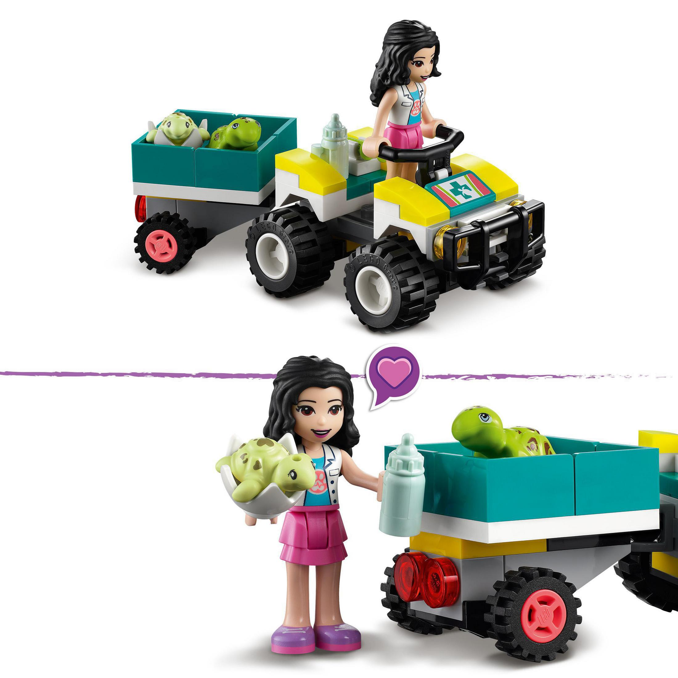 LEGO-Set zeigt ein Mädchen auf einem gelben ATV, das einen Anhänger mit Schildkröten zieht. Ein anderes Mädchen hält eine Schildkröte und eine Flasche.