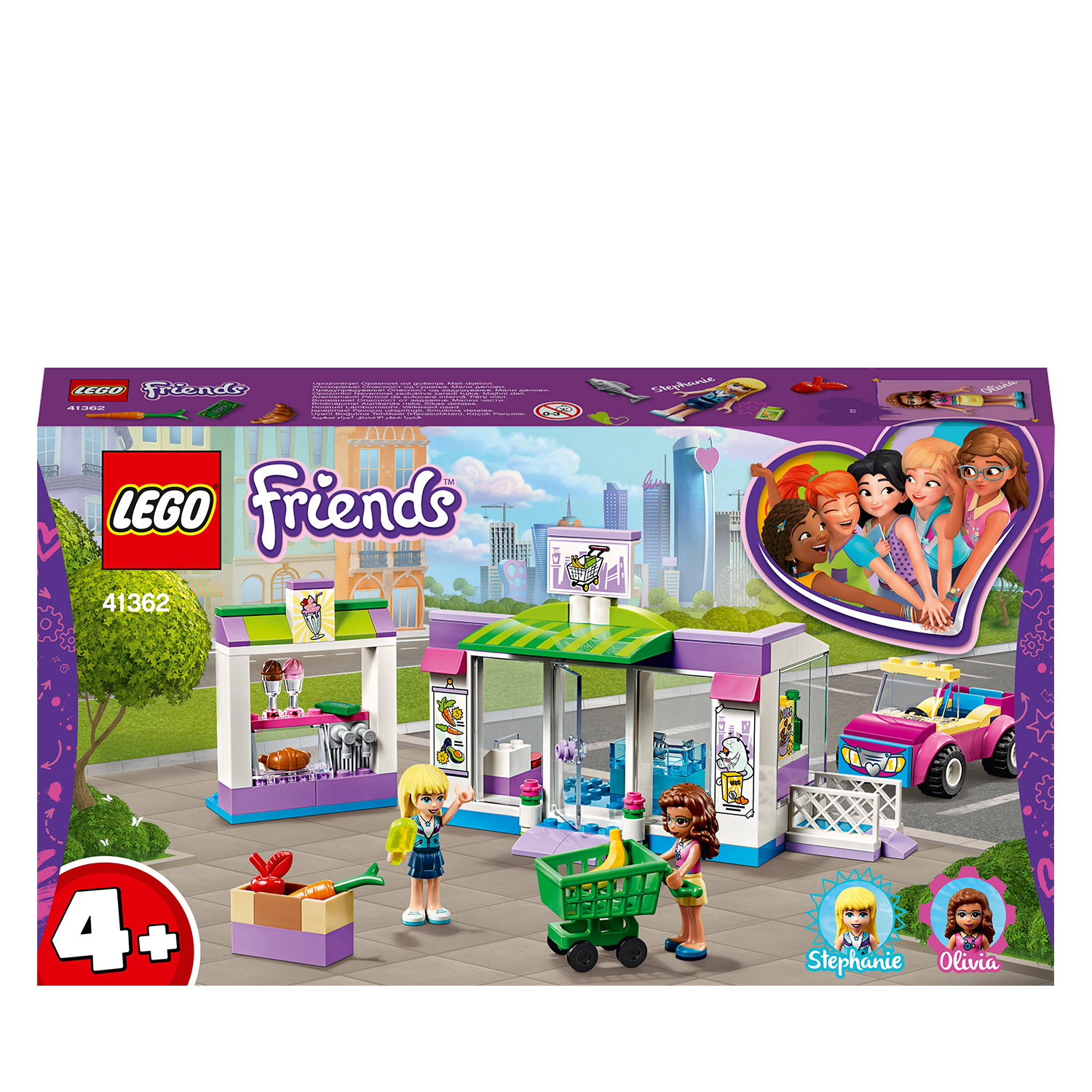 Pudełko Lego Friends. Pudełko przedstawia sklep, postacie i samochód. Pudełko jest fioletowe i różowe.