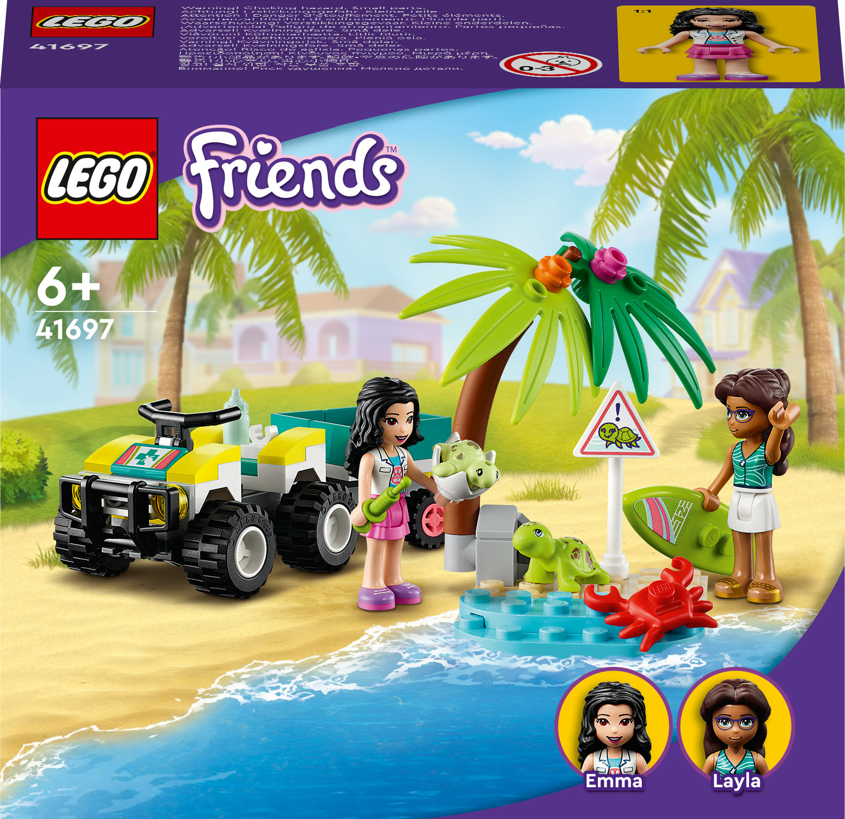 Ein Lego Friends Set mit einem ATV, einer Strandszene und zwei Minifiguren mit Schildkröten.