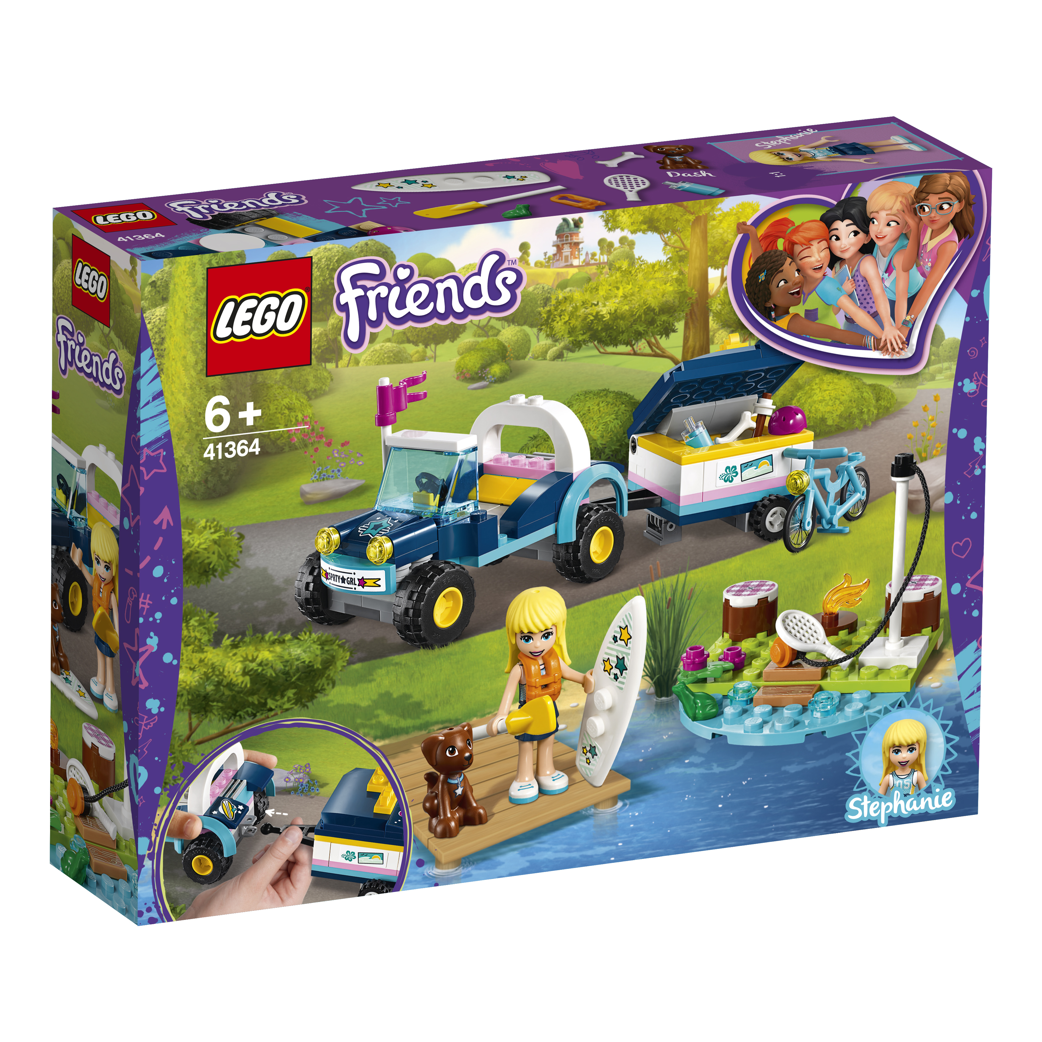 Scatola del set Lego Friends. Un'auto blu con rimorchio, una ragazza con una tavola da surf, una scena lacustre.